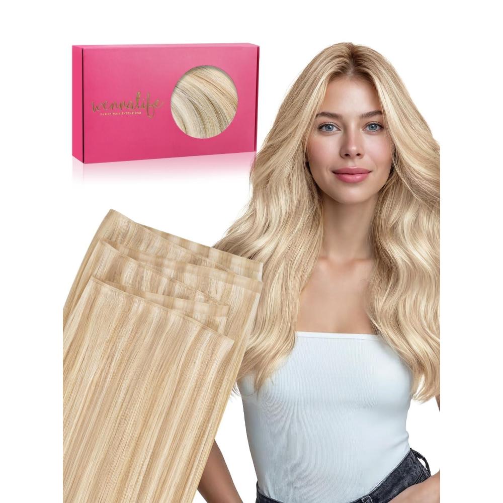 imageWENNALIFE Genius Weft Tape in Hair Extensions Human Hair 18 inch 50g Balayage Dark Brown Mixed Chestnut Brown Tape Ins Luxury Remy Hair Extensions Invisible Fuller Volume Reusable 31 Wide Weft18A613A Dirty Blonde Highlighted Bleach Blonde