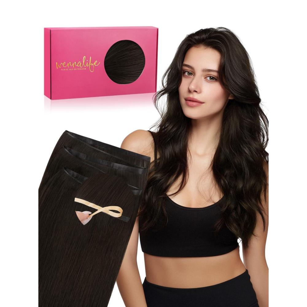 imageWENNALIFE Genius Weft Tape in Hair Extensions Human Hair 18 inch 50g Balayage Dark Brown Mixed Chestnut Brown Tape Ins Luxury Remy Hair Extensions Invisible Fuller Volume Reusable 31 Wide Weft2 Dark Brown