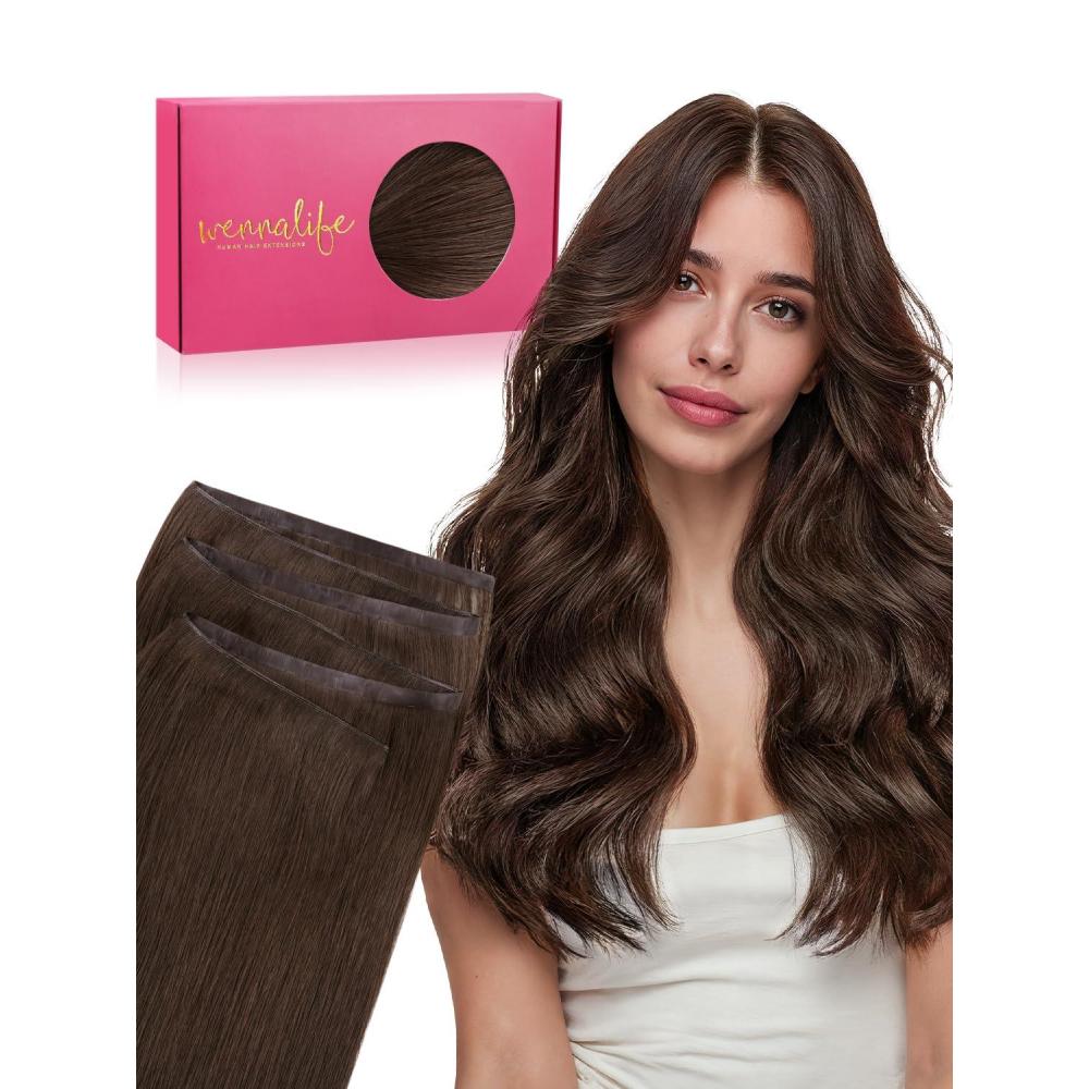 imageWENNALIFE Genius Weft Tape in Hair Extensions Human Hair 18 inch 50g Balayage Dark Brown Mixed Chestnut Brown Tape Ins Luxury Remy Hair Extensions Invisible Fuller Volume Reusable 31 Wide Weft4 Chocolate Brown