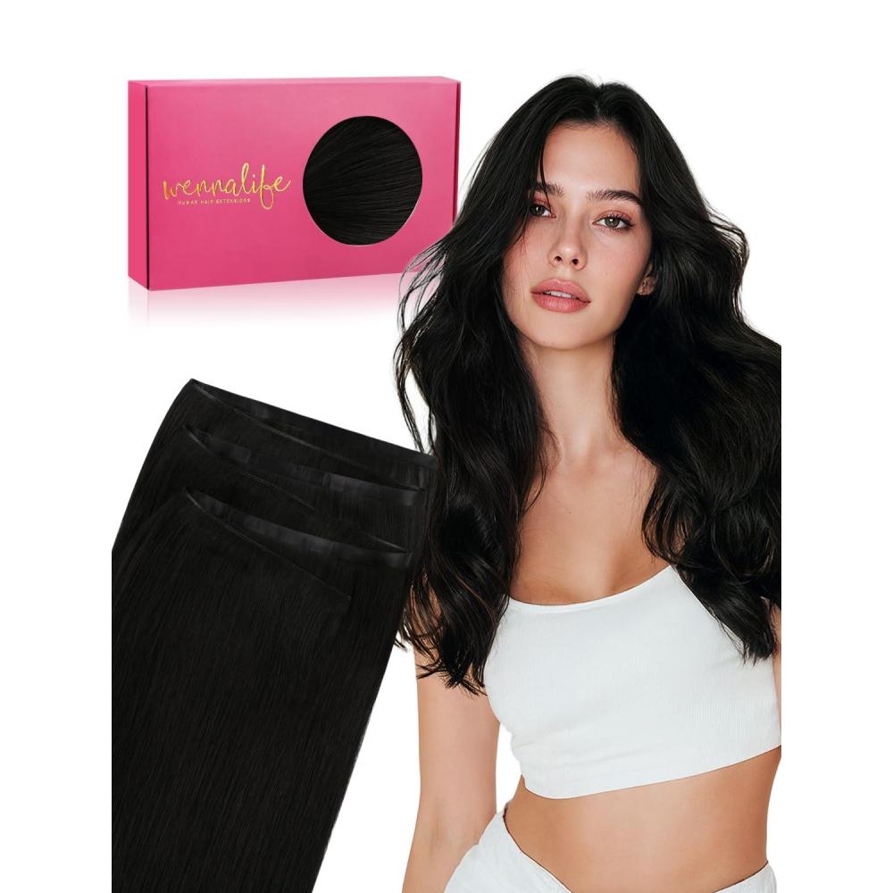 imageWENNALIFE Genius Weft Tape in Hair Extensions Human Hair 18 inch 50g Balayage Dark Brown Mixed Chestnut Brown Tape Ins Luxury Remy Hair Extensions Invisible Fuller Volume Reusable 31 Wide Weft1 Jet Black