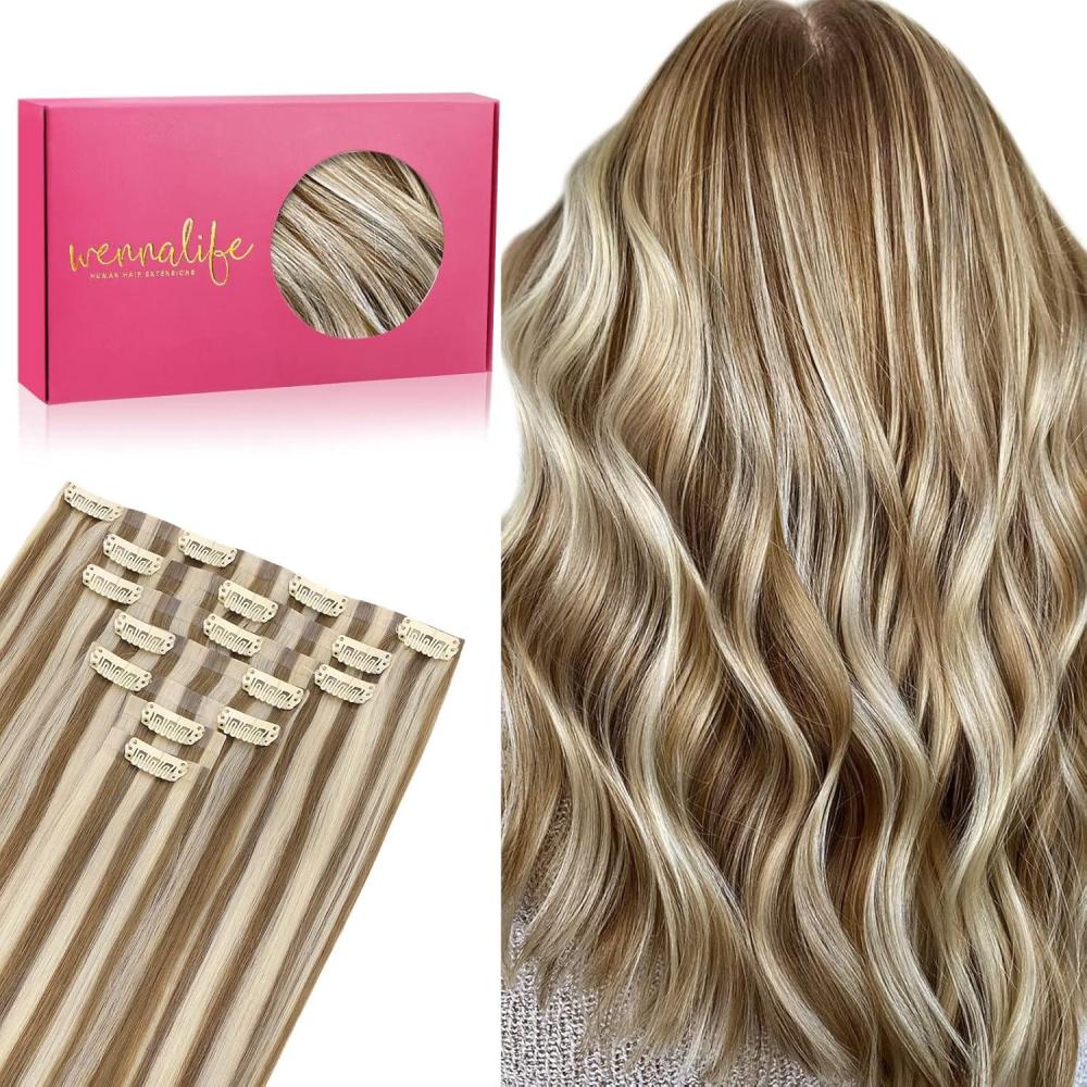 imageWENNALIFE Seamless Clip In Hair Extensions 16 Inch 7pcs 130g Ash Brown with Platinum Blonde Highlights Hair Extensions Clip In Real Human Hair Extensions Invisible PU Weft Hair