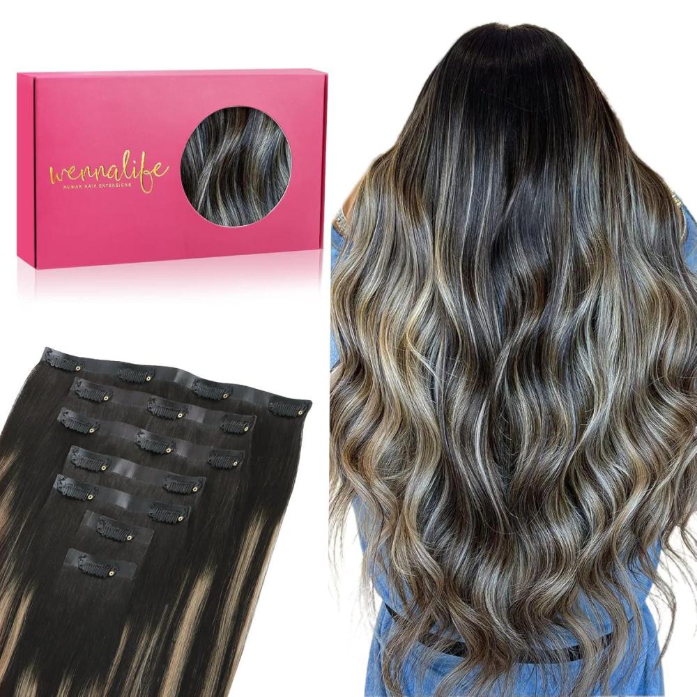 imageWENNALIFE Seamless Clip In Hair Extensions 18 Inch 130g 7pcs Natural Black to Light Blonde Hair Extensions Clip in Human Hair Invisible PU Skin Weft Natural Remy Human Hair Extensions