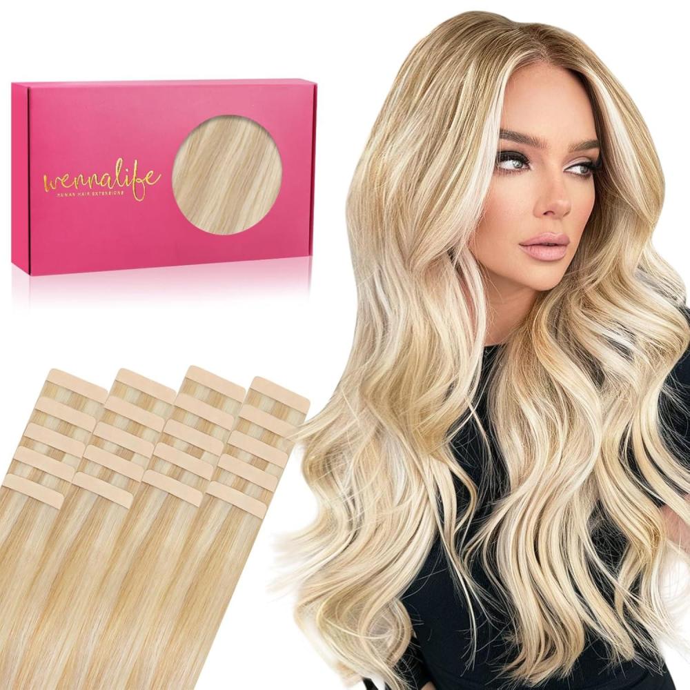 imageWENNALIFE Tape in Hair Extensions Human Hair 20pcs 50g 24 inch Dirty Blonde Highlighted Bleach Blonde Remy Hair Extensions Straight Human Hair Tape in Extensions Skin Weft Extensions Hair
