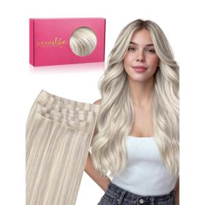 WENNALIFE Genius Weft Tape in Hair Extensions Human Hair 18 inch 50g Balayage Dark Brown Mixed Chestnut Brown Tape Ins Luxury Remy Hair Extensions Invisible Fuller Volume Reusable 31 Wide Weft(#17A/60A Ash Blonde Highlighted Platinum Blonde)
