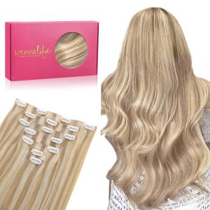 WENNALIFE Seamless Clip In Hair Extensions, 20 Inch 150g 7pcs Dirty Blonde Highlighted Bleach Blonde Hair Extensions Clip in Human Hair Invisible PU Skin Weft Natural Remy Human Hair Extensions