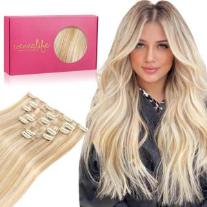 WENNALIFE Clip in Hair Extensions Human Hair 16 Inch 120g 7pcs Dirty Blonde Highlighted Bleach Blonde Hair Extensions Clip in for Women Real Human Hair Rallonge Cheveux Extensions
