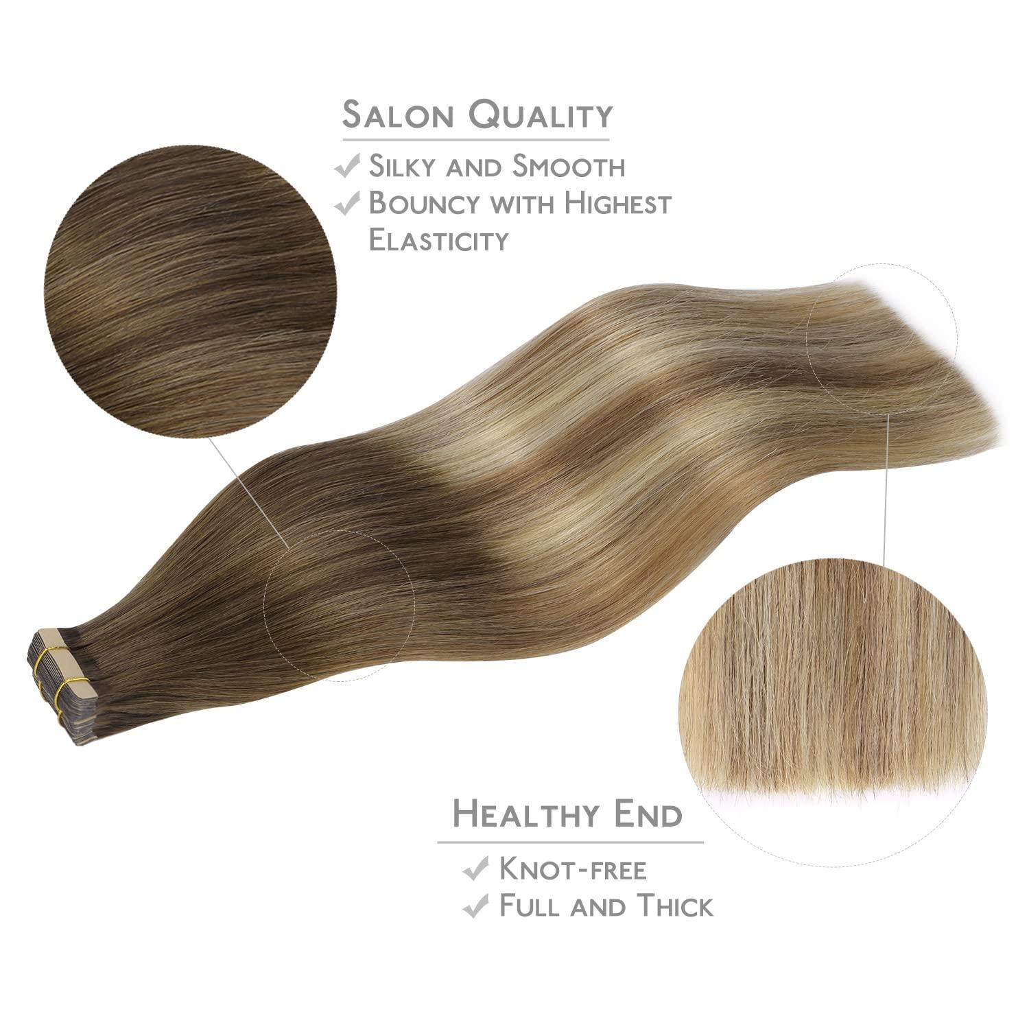 imageWENNALIFE Tape in Hair Extensions Human Hair 20pcs 20 inch 50g Ombre Walnut Brown to Ash Brown and Bleach Blonde Remy Tape Hair Extensions Real Human Hair Tape Extensions Coloured Hair Extensions