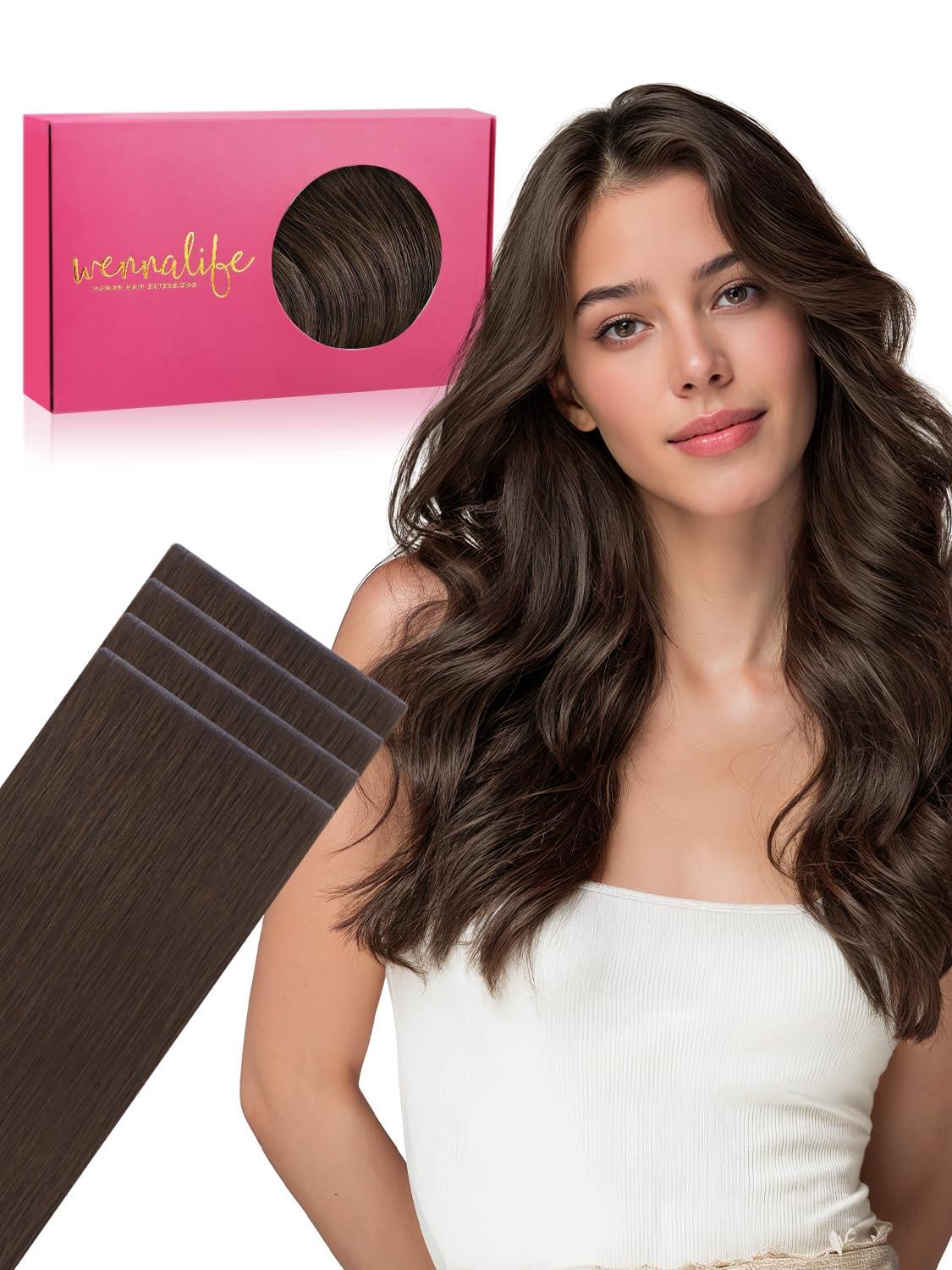 imageWENNALIFE Invisi Edge Tape in Hair Extensions Human Hair 16 Inch 50g 20pcs Muted Light Brown Brunette Invisible Luxury Remy Hair Extensions Natural Seamless Injected Tape Ins Extensiones De CabelloIN4 Chocolate Brown