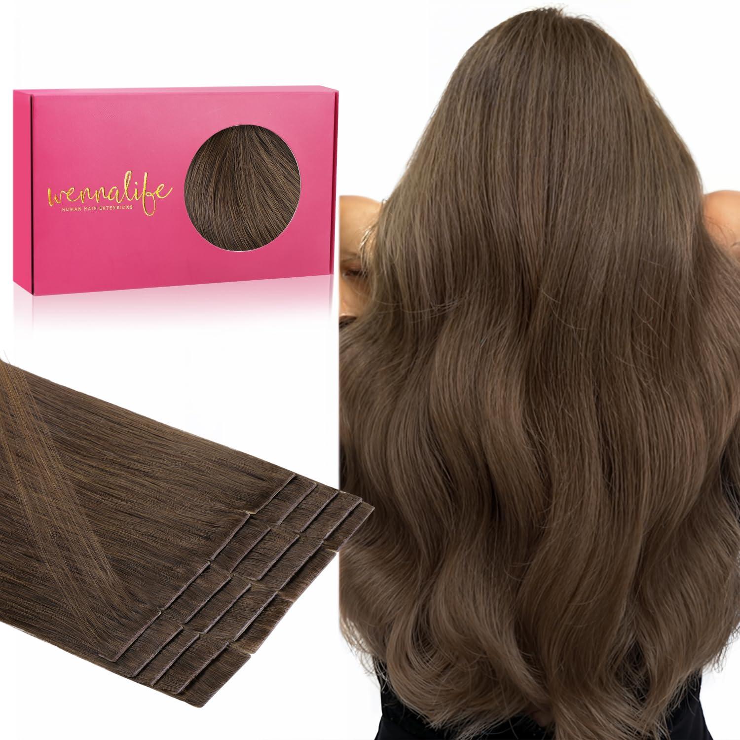 imageWENNALIFE Invisi Edge Tape in Hair Extensions Human Hair 16 Inch 50g 20pcs Muted Light Brown Brunette Invisible Luxury Remy Hair Extensions Natural Seamless Injected Tape Ins Extensiones De CabelloIN5 Muted Light Brown Brunette