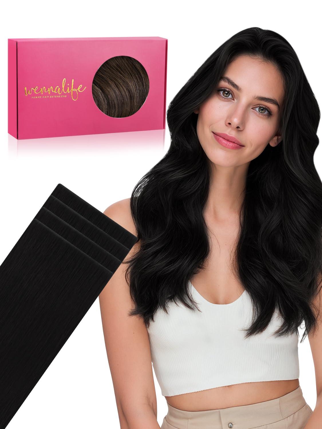 imageWENNALIFE Invisi Edge Tape in Hair Extensions Human Hair 16 Inch 50g 20pcs Muted Light Brown Brunette Invisible Luxury Remy Hair Extensions Natural Seamless Injected Tape Ins Extensiones De CabelloIN1 Jet Black