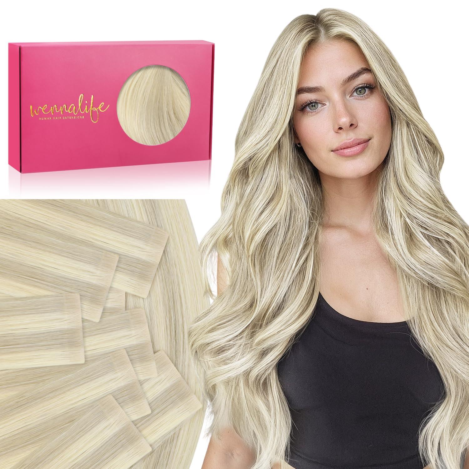 imageWENNALIFE Invisi Edge Tape in Hair Extensions Human Hair 16 Inch 50g 20pcs Muted Light Brown Brunette Invisible Luxury Remy Hair Extensions Natural Seamless Injected Tape Ins Extensiones De CabelloIN17A60A Ash Blonde Highlighted Platinum Blonde