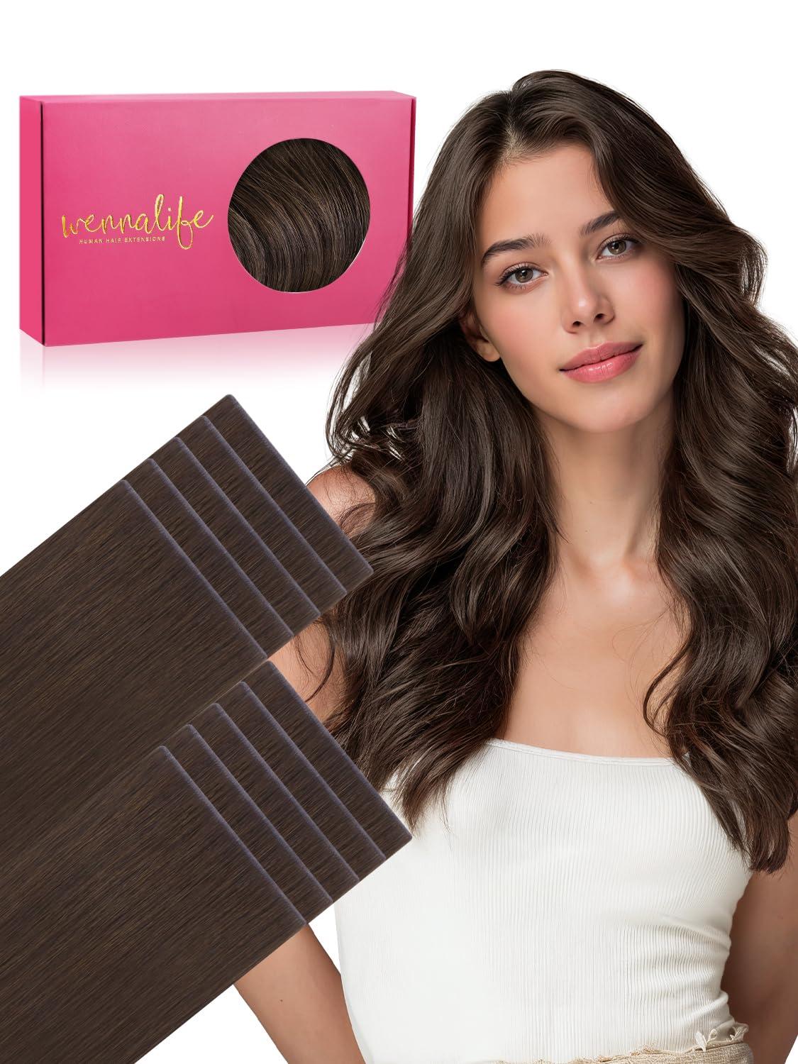 imageWENNALIFE Invisi Edge Tape in Hair Extensions Human Hair 16 Inch 50g 20pcs Muted Light Brown Brunette Invisible Luxury Remy Hair Extensions Natural Seamless Injected Tape Ins Extensiones De CabelloIN4 Chocolate Brown
