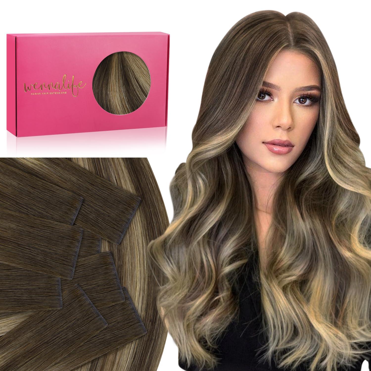 imageWENNALIFE Invisi Edge Tape in Hair Extensions Human Hair 16 Inch 50g 20pcs Muted Light Brown Brunette Invisible Luxury Remy Hair Extensions Natural Seamless Injected Tape Ins Extensiones De CabelloIN4274 Balayage Chocolate Brown to Caramel Blonde