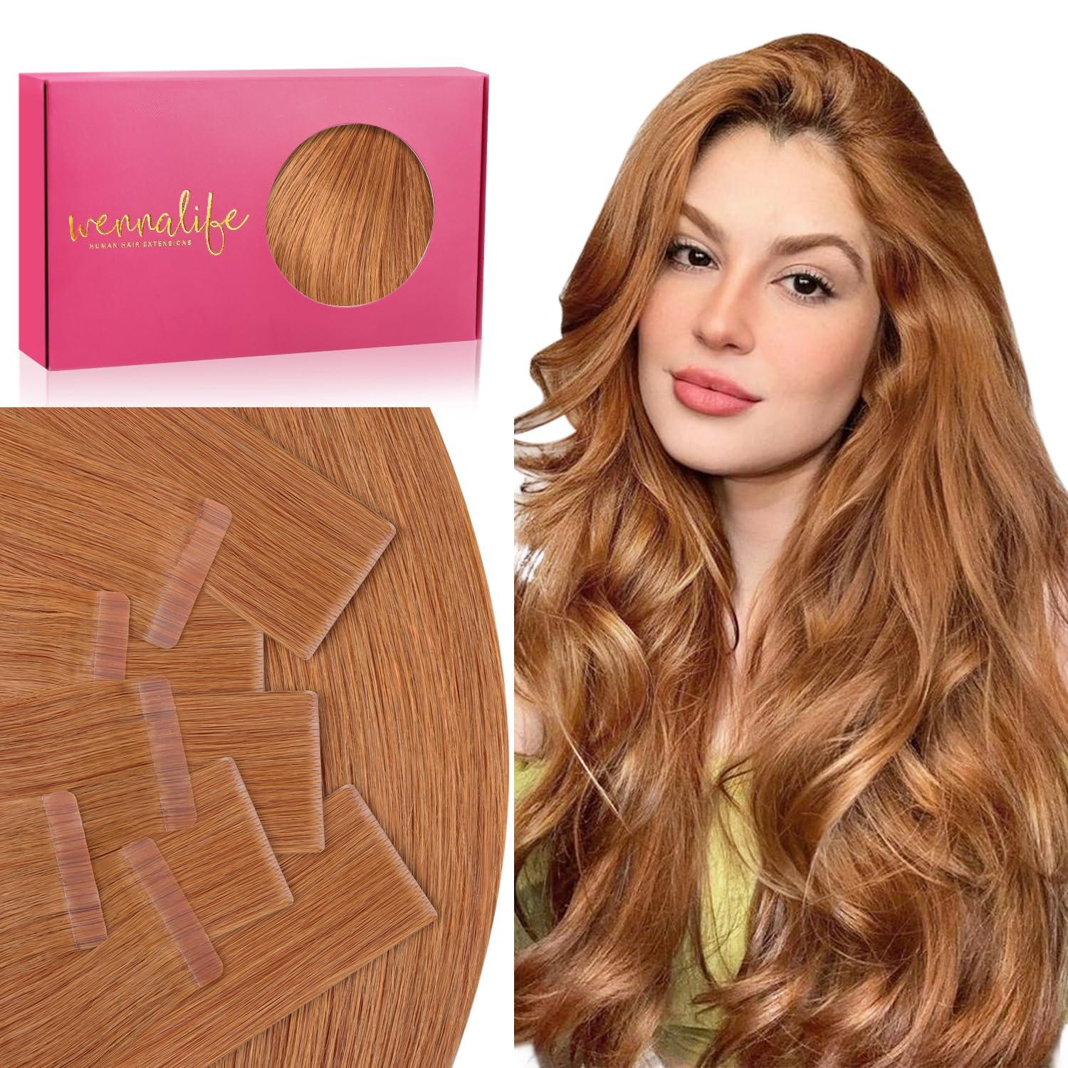 imageWENNALIFE Invisi Edge Tape in Hair Extensions Human Hair 16 Inch 50g 20pcs Muted Light Brown Brunette Invisible Luxury Remy Hair Extensions Natural Seamless Injected Tape Ins Extensiones De CabelloIN30 Auburn Ginger