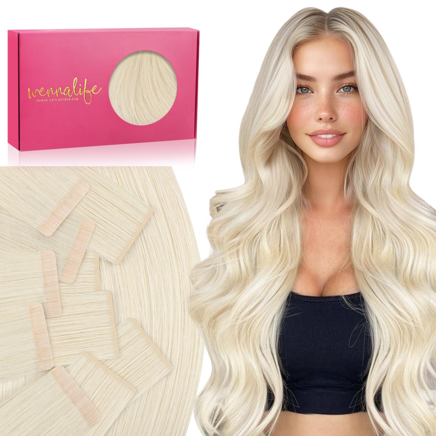 imageWENNALIFE Invisi Edge Tape in Hair Extensions Human Hair 16 Inch 50g 20pcs Muted Light Brown Brunette Invisible Luxury Remy Hair Extensions Natural Seamless Injected Tape Ins Extensiones De CabelloIN60A Platinum Blonde