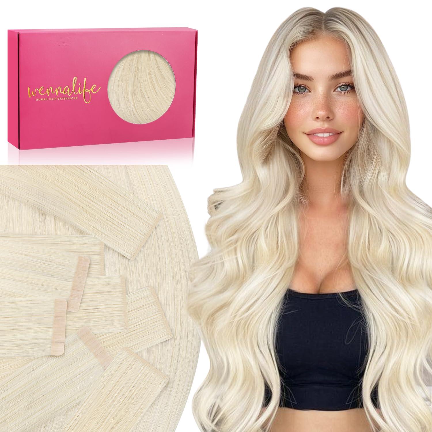 imageWENNALIFE Invisi Edge Tape in Hair Extensions Human Hair 16 Inch 50g 20pcs Muted Light Brown Brunette Invisible Luxury Remy Hair Extensions Natural Seamless Injected Tape Ins Extensiones De CabelloIN60A Platinum Blonde