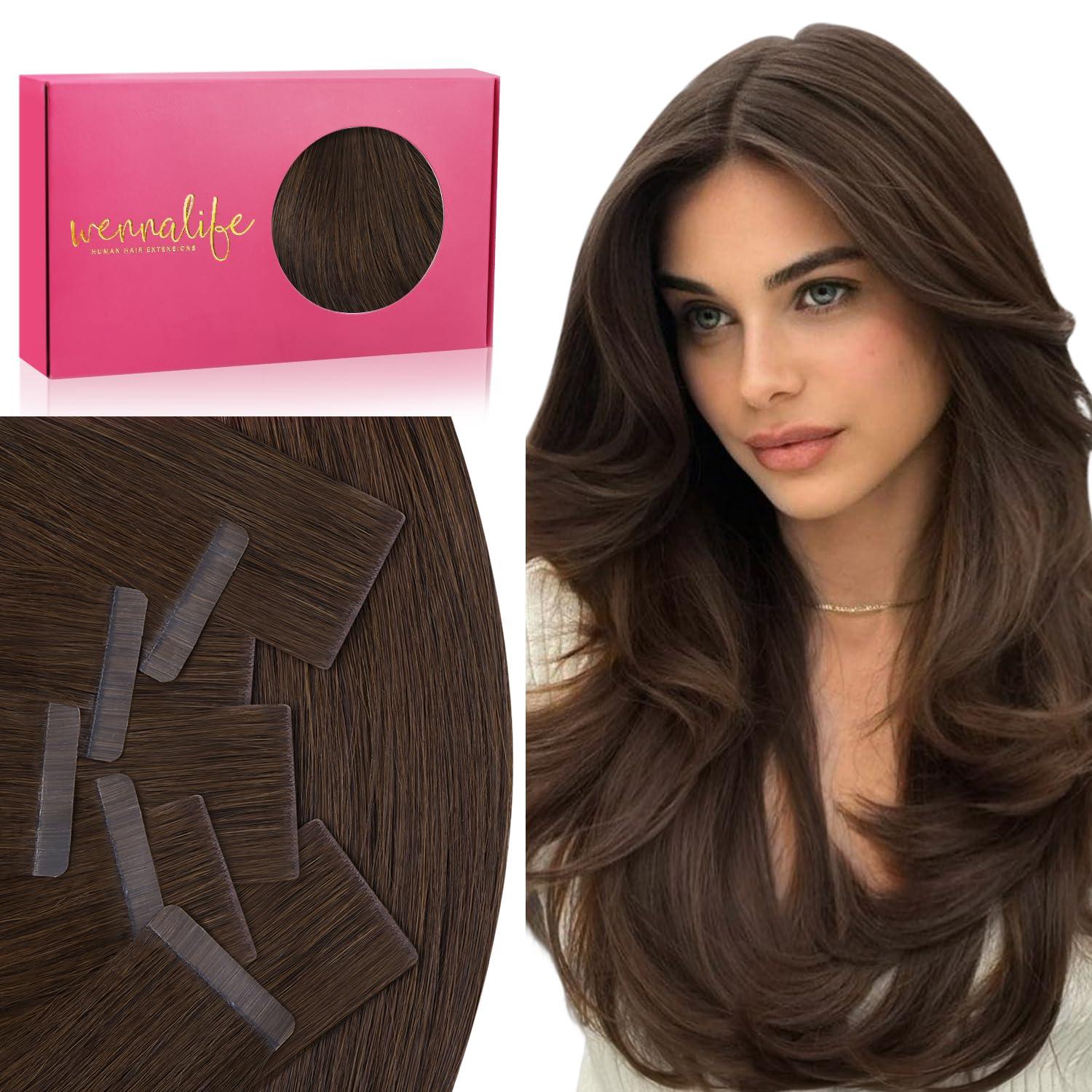 imageWENNALIFE Invisi Edge Tape in Hair Extensions Human Hair 16 Inch 50g 20pcs Muted Light Brown Brunette Invisible Luxury Remy Hair Extensions Natural Seamless Injected Tape Ins Extensiones De CabelloIN4 Chocolate Brown