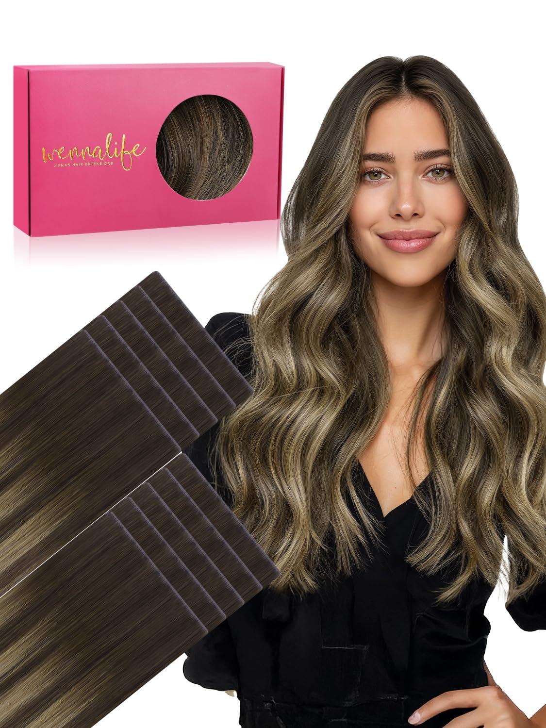 imageWENNALIFE Invisi Edge Tape in Hair Extensions Human Hair 16 Inch 50g 20pcs Muted Light Brown Brunette Invisible Luxury Remy Hair Extensions Natural Seamless Injected Tape Ins Extensiones De CabelloIN4274 Balayage Chocolate Brown to Caramel Blonde
