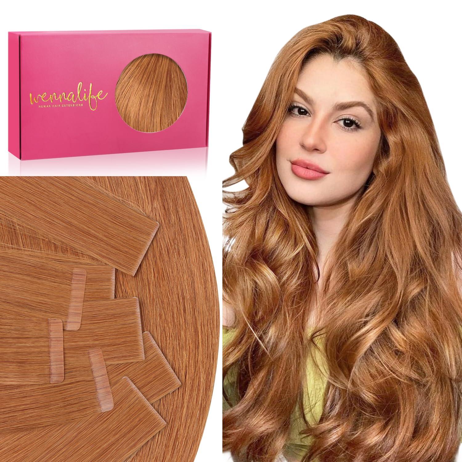 imageWENNALIFE Invisi Edge Tape in Hair Extensions Human Hair 16 Inch 50g 20pcs Muted Light Brown Brunette Invisible Luxury Remy Hair Extensions Natural Seamless Injected Tape Ins Extensiones De CabelloIN30 Auburn Ginger