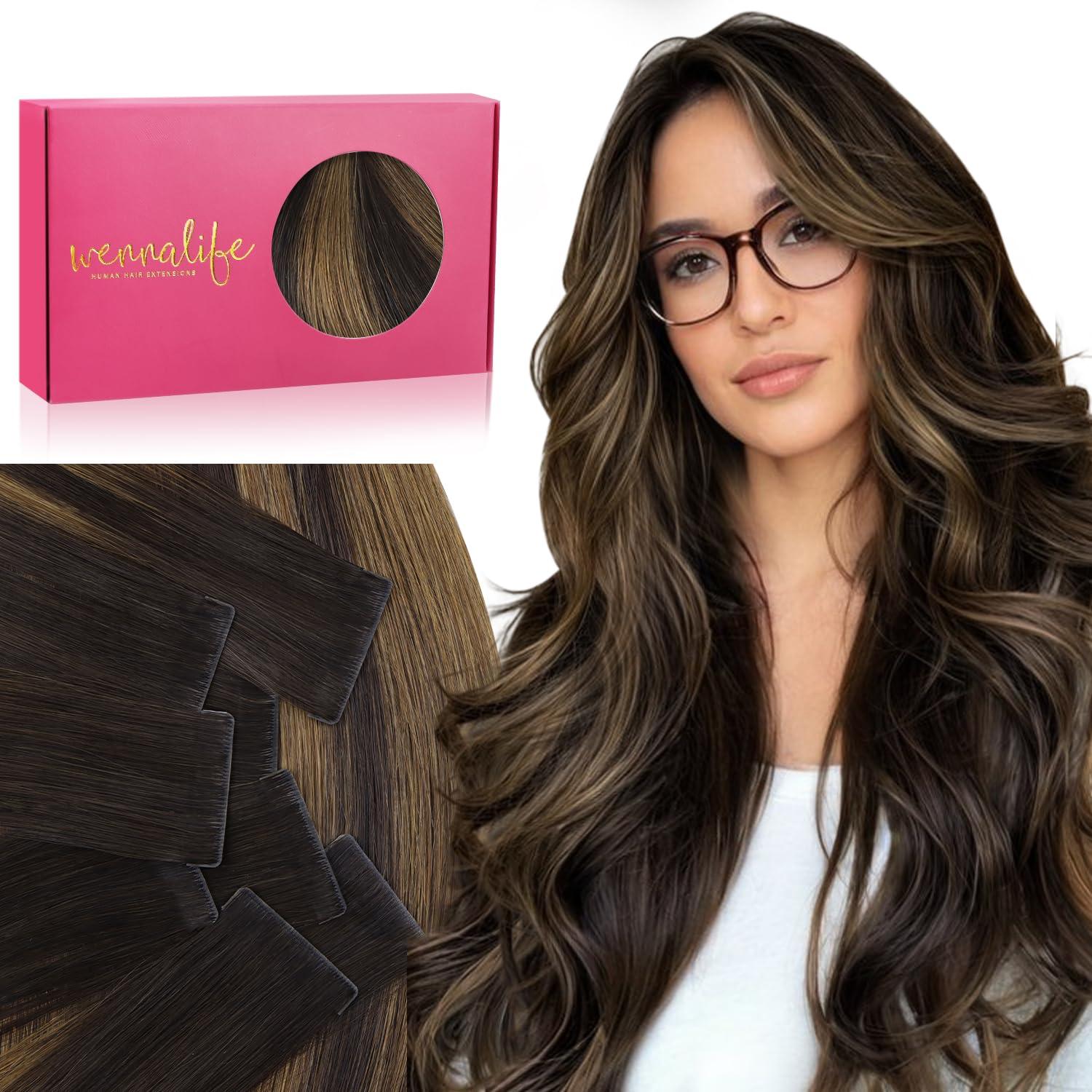 imageWENNALIFE Invisi Edge Tape in Hair Extensions Human Hair 16 Inch 50g 20pcs Muted Light Brown Brunette Invisible Luxury Remy Hair Extensions Natural Seamless Injected Tape Ins Extensiones De CabelloIN262 Balayage Dark Brown Mixed Chestnut Brown