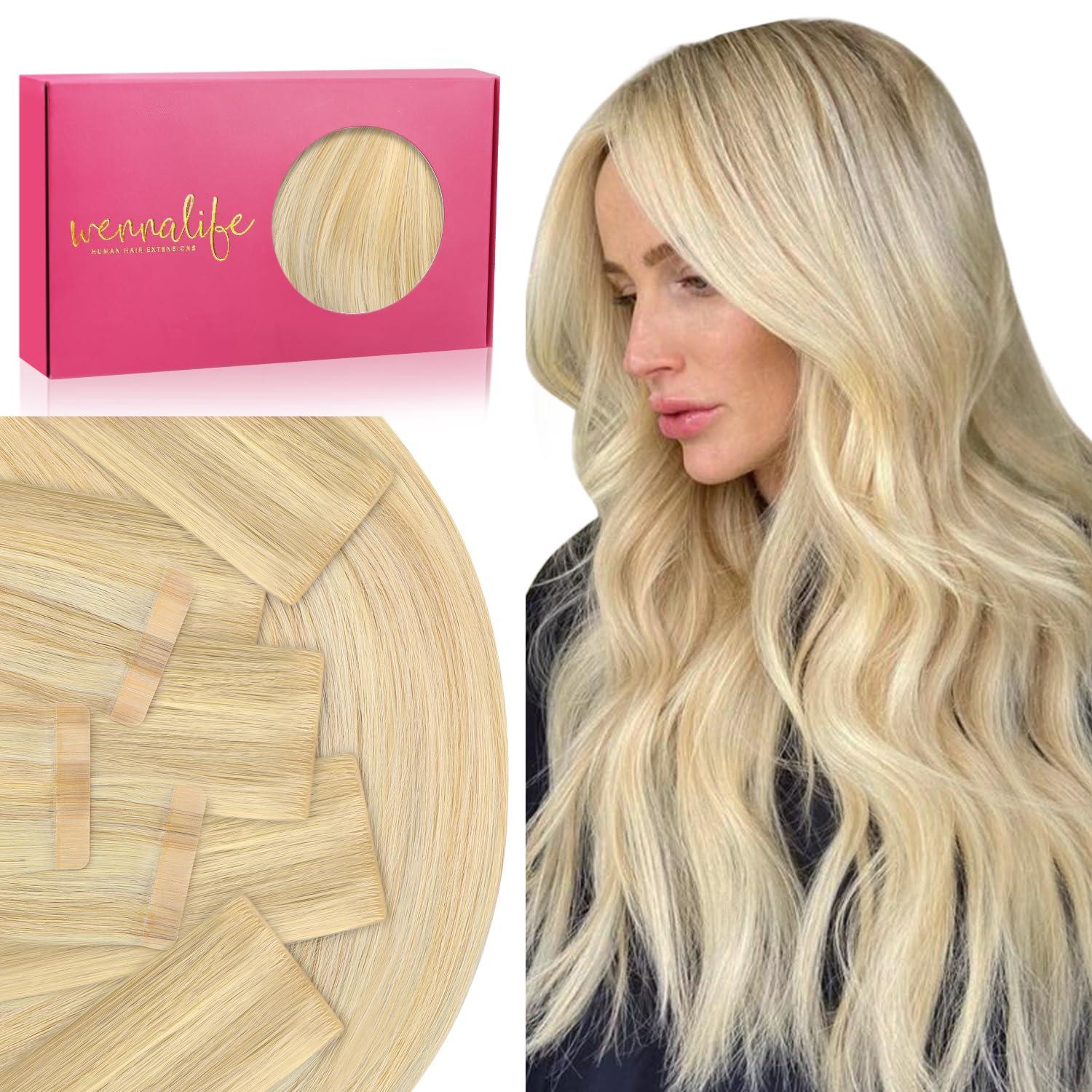 imageWENNALIFE Invisi Edge Tape in Hair Extensions Human Hair 16 Inch 50g 20pcs Muted Light Brown Brunette Invisible Luxury Remy Hair Extensions Natural Seamless Injected Tape Ins Extensiones De CabelloIN1622 Light Blonde Highlighted Golden Blonde