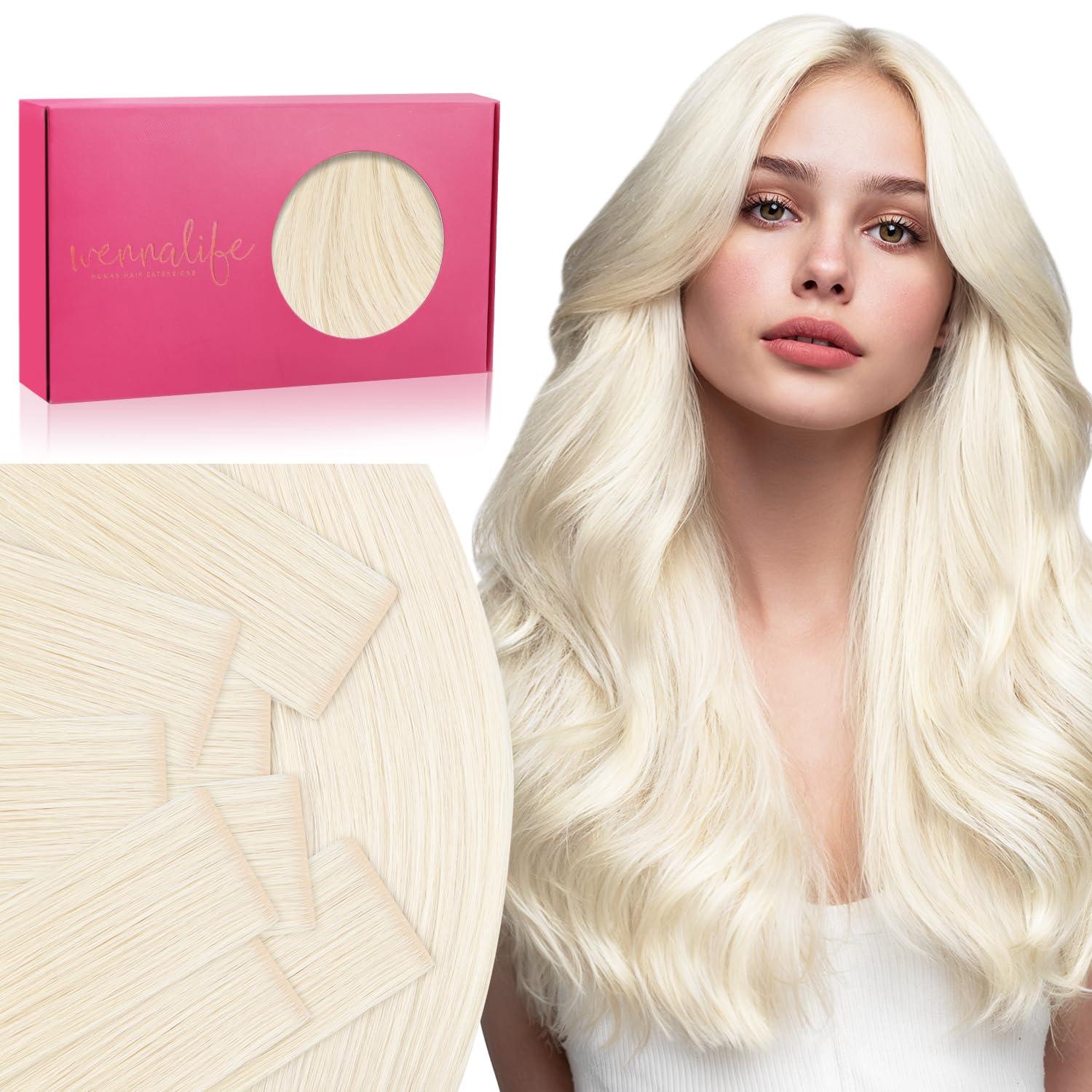 imageWENNALIFE Invisi Edge Tape in Hair Extensions Human Hair 16 Inch 50g 20pcs Muted Light Brown Brunette Invisible Luxury Remy Hair Extensions Natural Seamless Injected Tape Ins Extensiones De CabelloIN1000 White Blonde