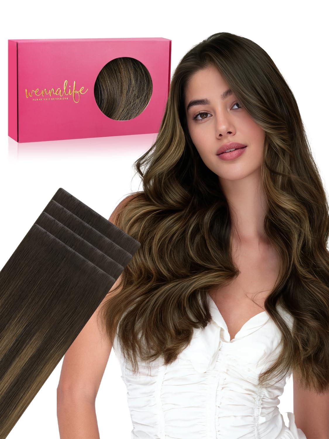 imageWENNALIFE Invisi Edge Tape in Hair Extensions Human Hair 16 Inch 50g 20pcs Muted Light Brown Brunette Invisible Luxury Remy Hair Extensions Natural Seamless Injected Tape Ins Extensiones De CabelloIN262 Balayage Dark Brown Mixed Chestnut Brown