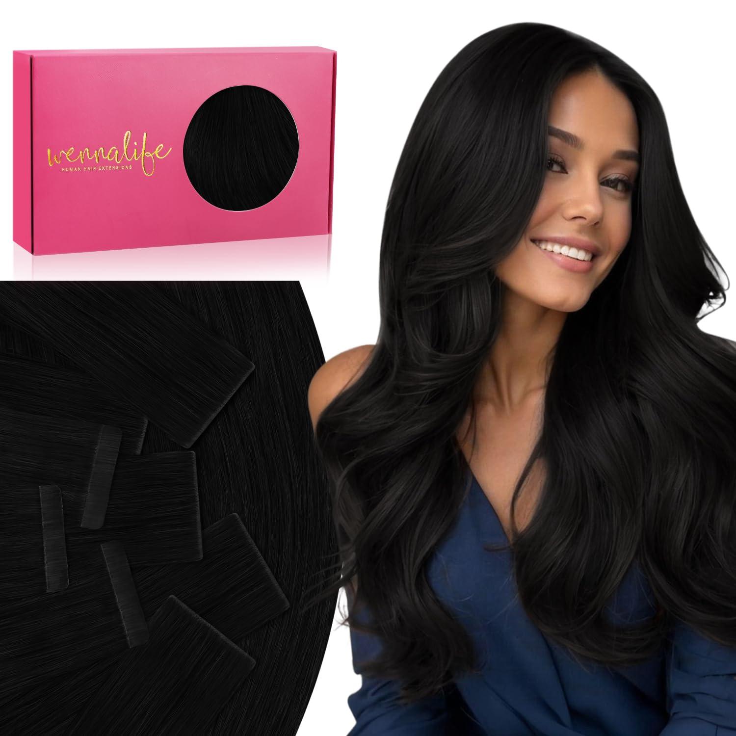 imageWENNALIFE Invisi Edge Tape in Hair Extensions Human Hair 16 Inch 50g 20pcs Muted Light Brown Brunette Invisible Luxury Remy Hair Extensions Natural Seamless Injected Tape Ins Extensiones De CabelloIN1 Jet Black