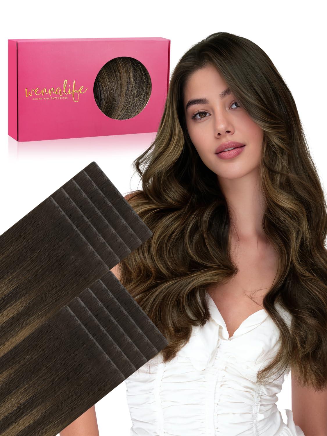 imageWENNALIFE Invisi Edge Tape in Hair Extensions Human Hair 16 Inch 50g 20pcs Muted Light Brown Brunette Invisible Luxury Remy Hair Extensions Natural Seamless Injected Tape Ins Extensiones De CabelloIN262 Balayage Dark Brown Mixed Chestnut Brown
