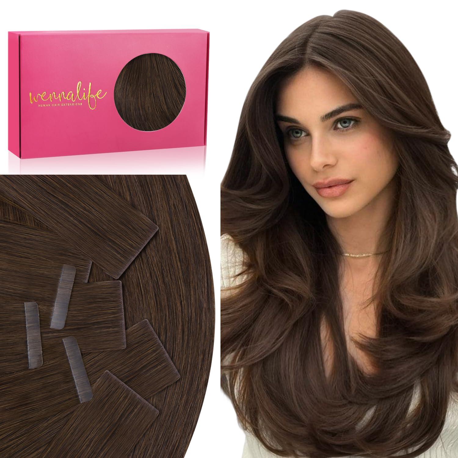 imageWENNALIFE Invisi Edge Tape in Hair Extensions Human Hair 16 Inch 50g 20pcs Muted Light Brown Brunette Invisible Luxury Remy Hair Extensions Natural Seamless Injected Tape Ins Extensiones De CabelloIN4 Chocolate Brown