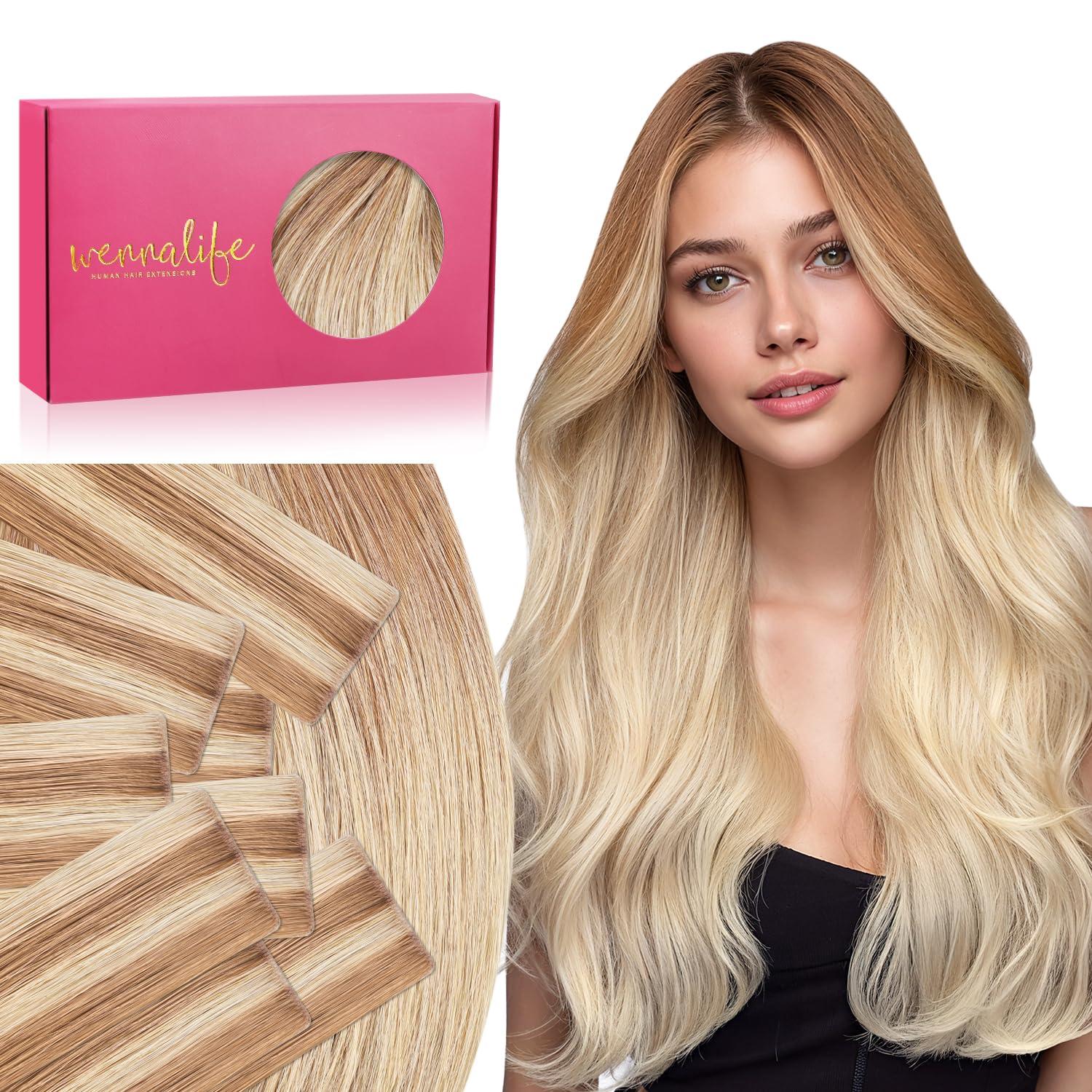 imageWENNALIFE Invisi Edge Tape in Hair Extensions Human Hair 16 Inch 50g 20pcs Muted Light Brown Brunette Invisible Luxury Remy Hair Extensions Natural Seamless Injected Tape Ins Extensiones De CabelloIN12A18H Ash Beige Blonde Blend