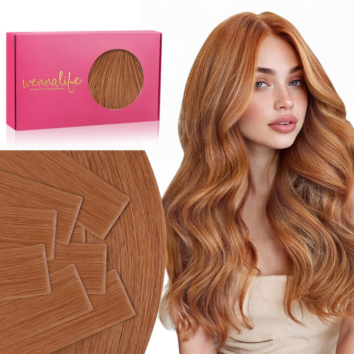 imageWENNALIFE Invisi Edge Tape in Hair Extensions Human Hair 16 Inch 50g 20pcs Muted Light Brown Brunette Invisible Luxury Remy Hair Extensions Natural Seamless Injected Tape Ins Extensiones De CabelloIN330 Cinnamon Terra Copper