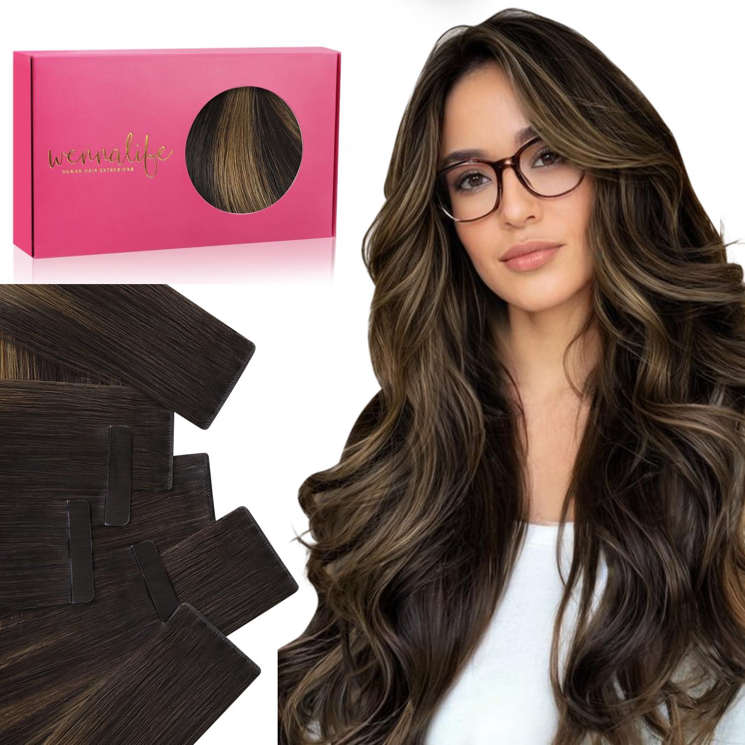 imageWENNALIFE Invisi Edge Tape in Hair Extensions Human Hair 16 Inch 50g 20pcs Muted Light Brown Brunette Invisible Luxury Remy Hair Extensions Natural Seamless Injected Tape Ins Extensiones De CabelloIN262 Balayage Dark Brown Mixed Chestnut Brown