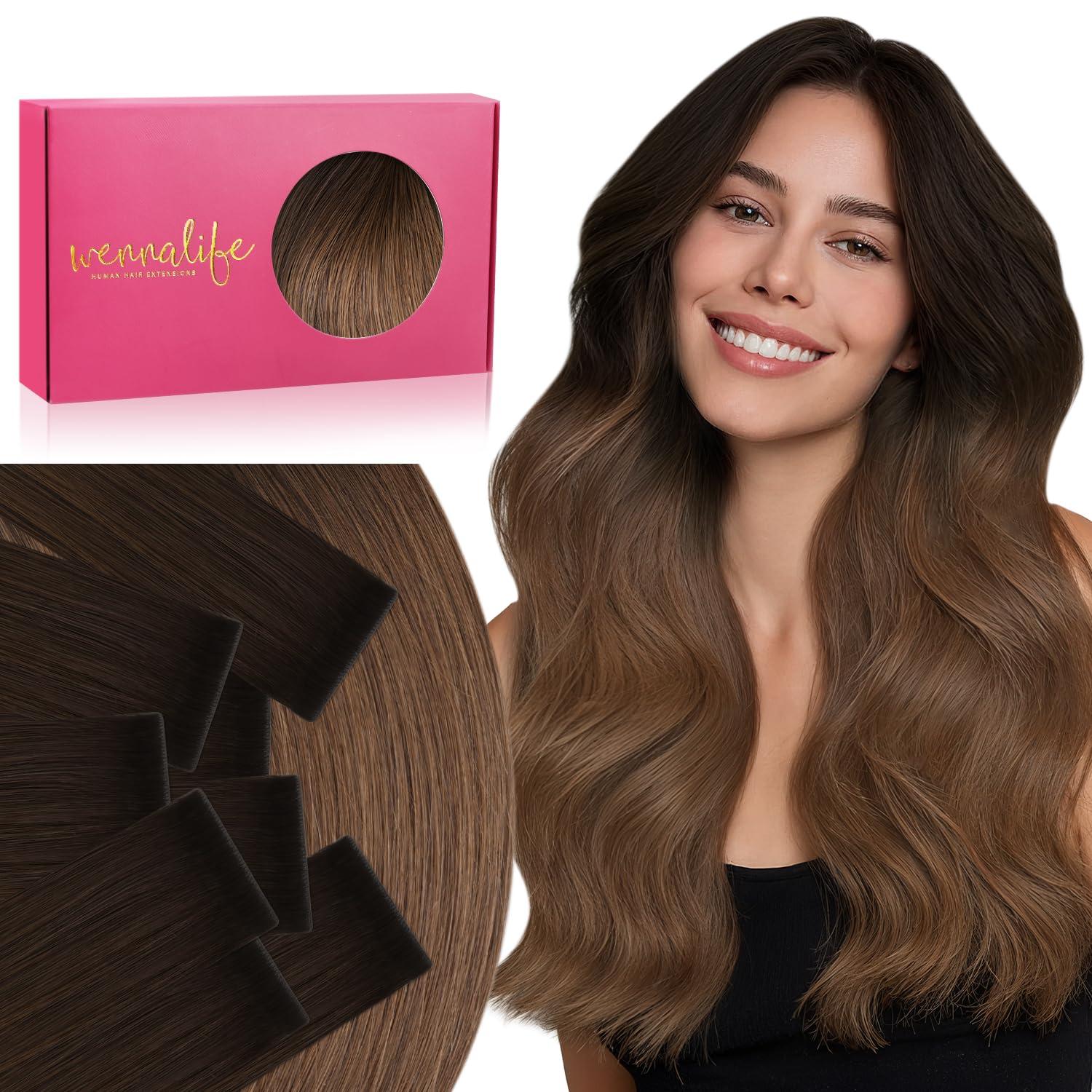 imageWENNALIFE Invisi Edge Tape in Hair Extensions Human Hair 16 Inch 50g 20pcs Muted Light Brown Brunette Invisible Luxury Remy Hair Extensions Natural Seamless Injected Tape Ins Extensiones De CabelloIN124 Ombre Dark Brown to Light Chestnut Brown