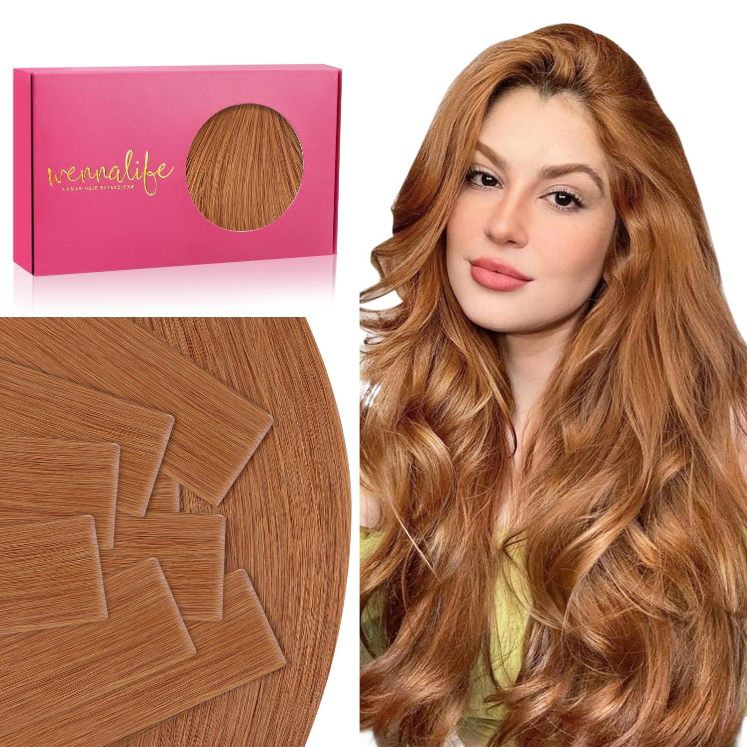 imageWENNALIFE Invisi Edge Tape in Hair Extensions Human Hair 16 Inch 50g 20pcs Muted Light Brown Brunette Invisible Luxury Remy Hair Extensions Natural Seamless Injected Tape Ins Extensiones De CabelloIN30 Auburn Ginger