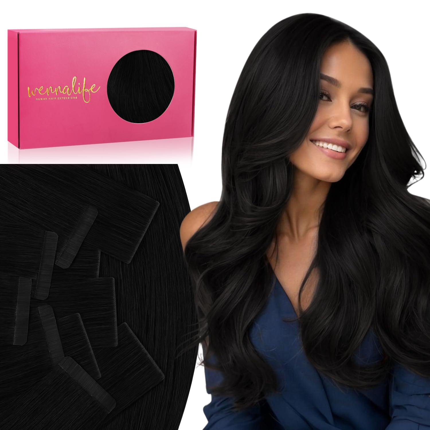 imageWENNALIFE Invisi Edge Tape in Hair Extensions Human Hair 16 Inch 50g 20pcs Muted Light Brown Brunette Invisible Luxury Remy Hair Extensions Natural Seamless Injected Tape Ins Extensiones De CabelloIN1 Jet Black