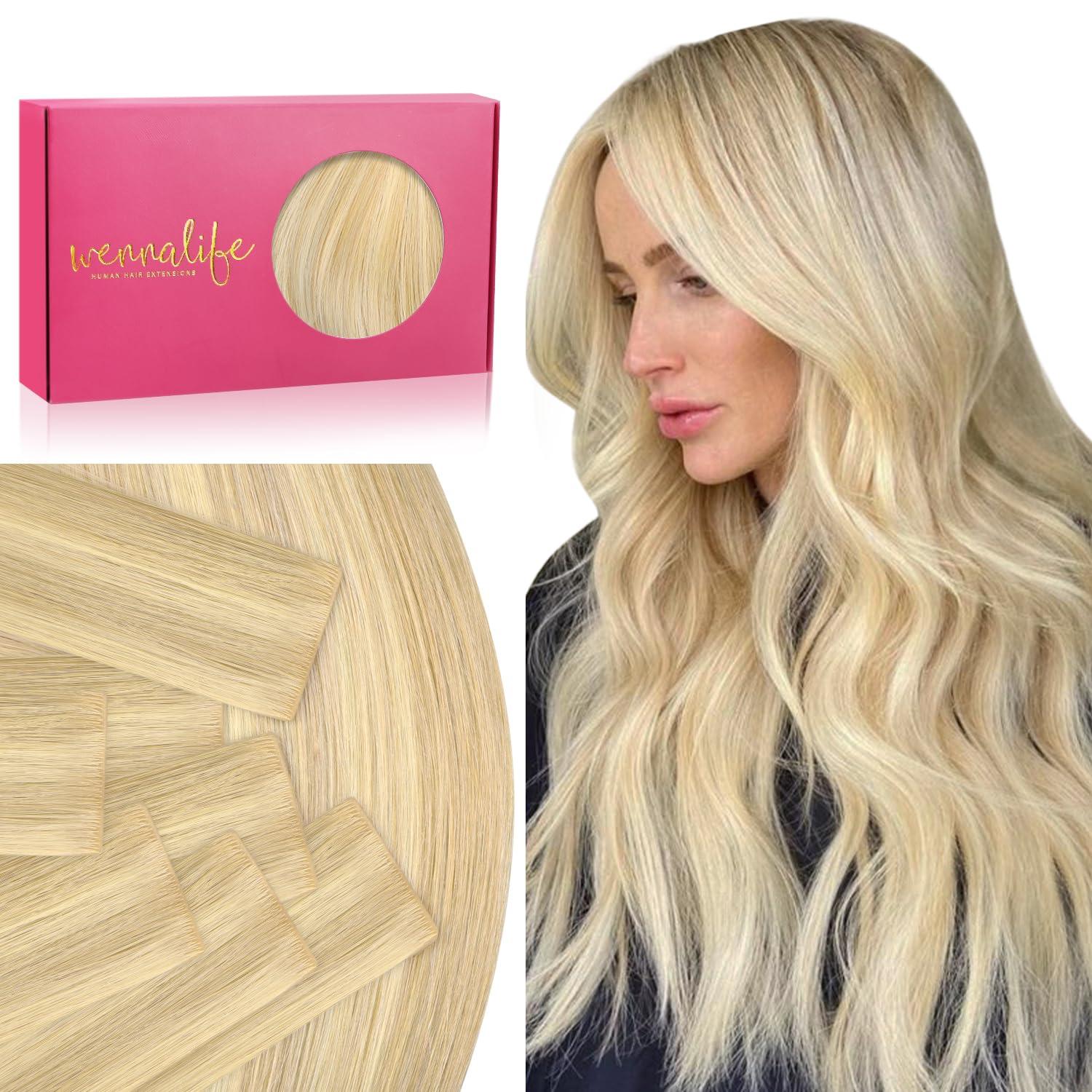 imageWENNALIFE Invisi Edge Tape in Hair Extensions Human Hair 16 Inch 50g 20pcs Muted Light Brown Brunette Invisible Luxury Remy Hair Extensions Natural Seamless Injected Tape Ins Extensiones De CabelloIN1622 Light Blonde Highlighted Golden Blonde