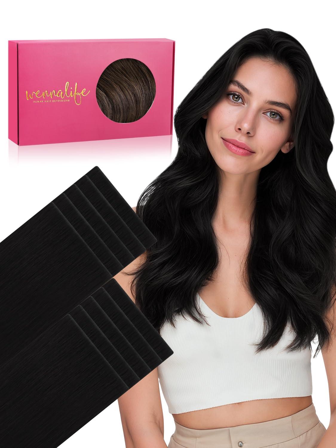 imageWENNALIFE Invisi Edge Tape in Hair Extensions Human Hair 16 Inch 50g 20pcs Muted Light Brown Brunette Invisible Luxury Remy Hair Extensions Natural Seamless Injected Tape Ins Extensiones De CabelloIN1 Jet Black
