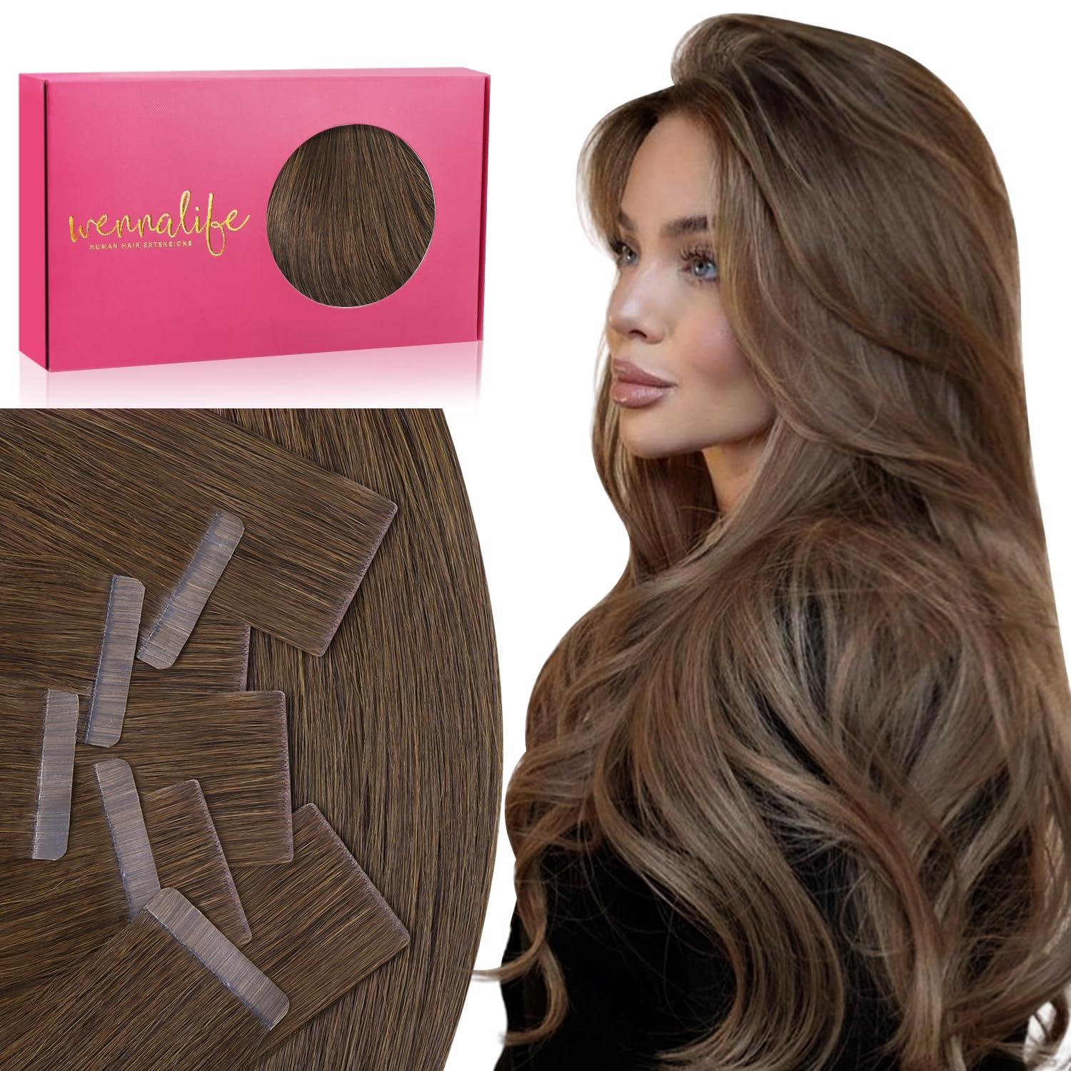 imageWENNALIFE Invisi Edge Tape in Hair Extensions Human Hair 16 Inch 50g 20pcs Muted Light Brown Brunette Invisible Luxury Remy Hair Extensions Natural Seamless Injected Tape Ins Extensiones De CabelloIN5D Cool Ash Brown