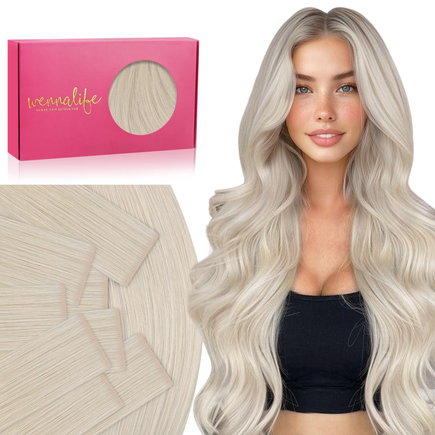 imageWENNALIFE Invisi Edge Tape in Hair Extensions Human Hair 16 Inch 50g 20pcs Muted Light Brown Brunette Invisible Luxury Remy Hair Extensions Natural Seamless Injected Tape Ins Extensiones De CabelloIN60A Platinum Blonde