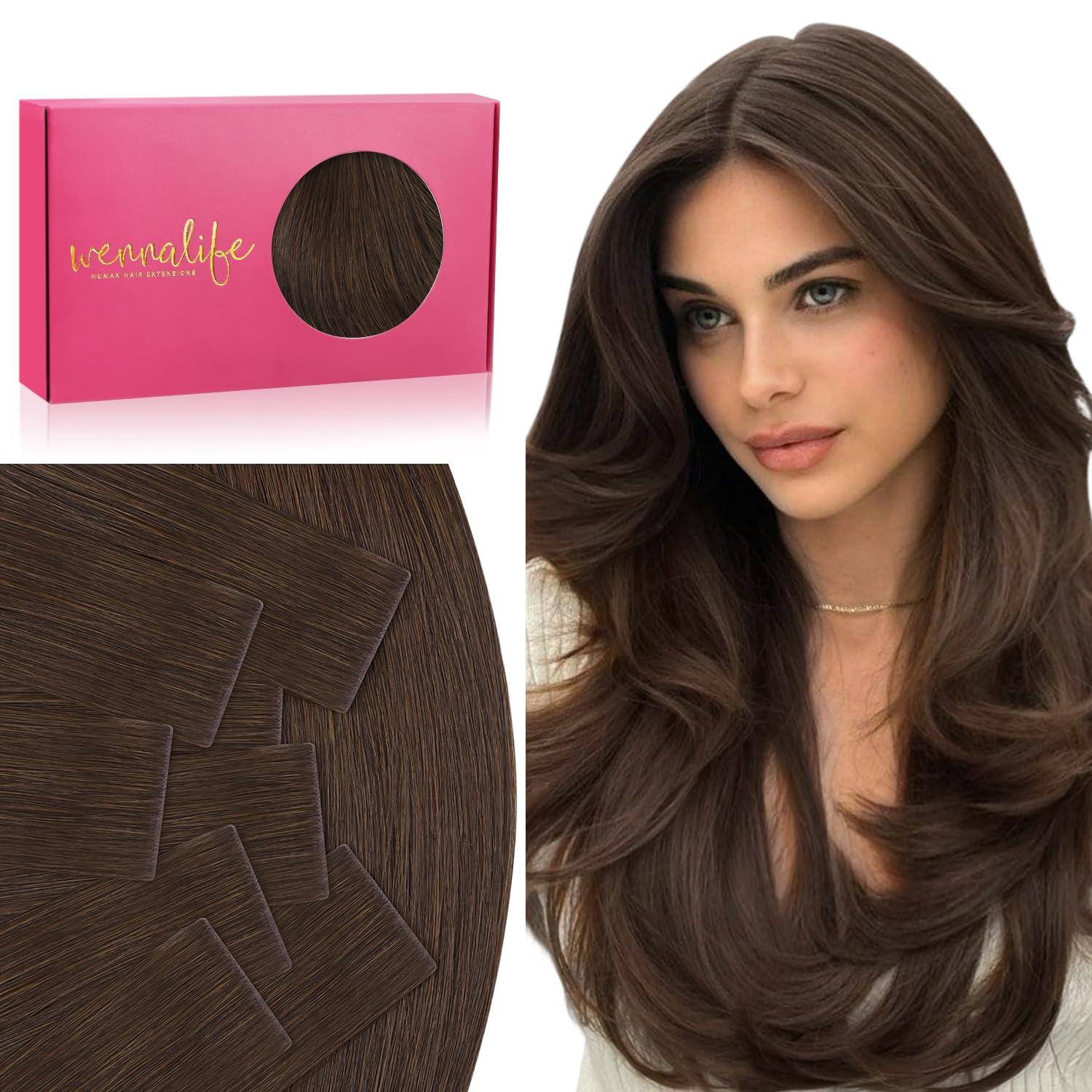 imageWENNALIFE Invisi Edge Tape in Hair Extensions Human Hair 16 Inch 50g 20pcs Muted Light Brown Brunette Invisible Luxury Remy Hair Extensions Natural Seamless Injected Tape Ins Extensiones De CabelloIN4 Chocolate Brown