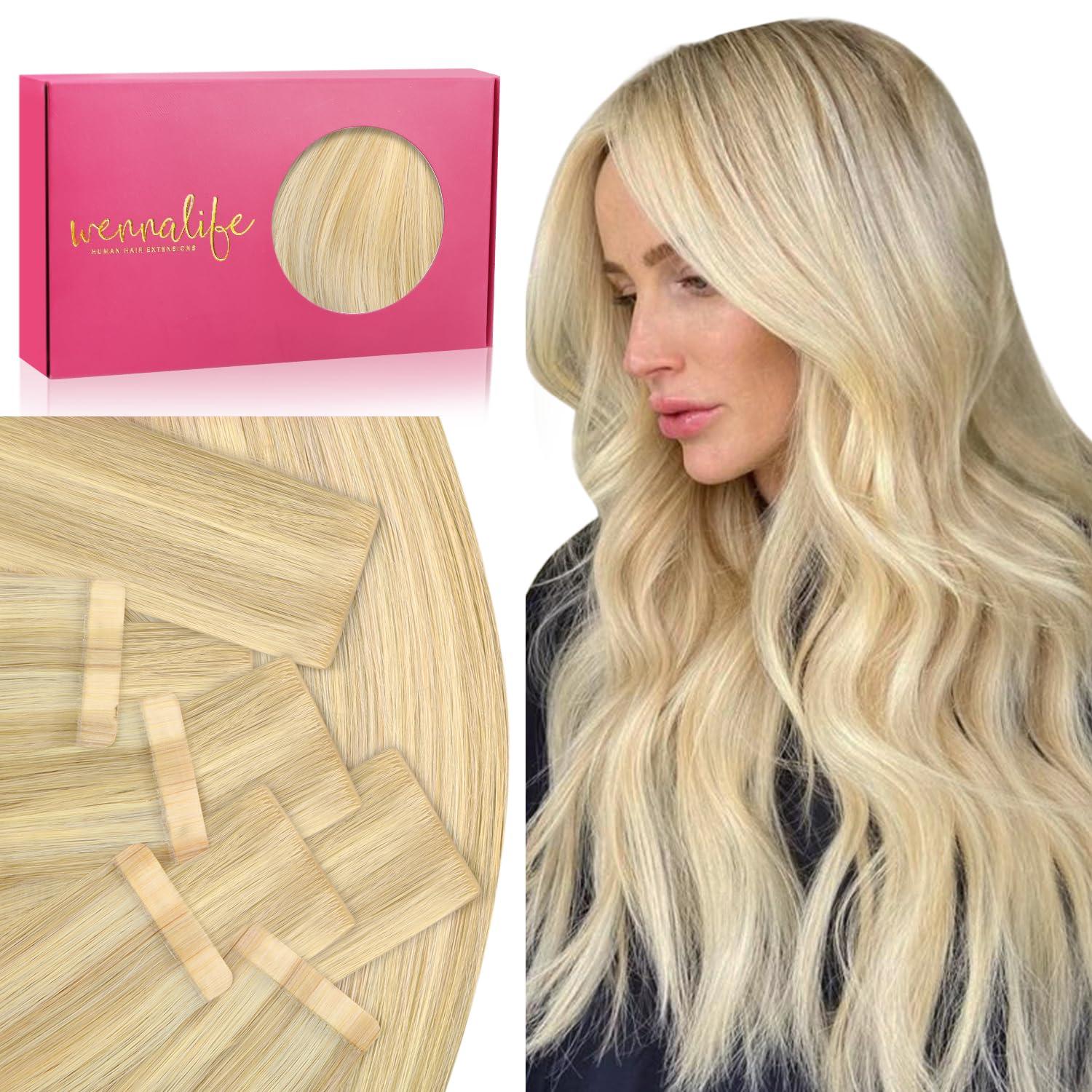 imageWENNALIFE Invisi Edge Tape in Hair Extensions Human Hair 16 Inch 50g 20pcs Muted Light Brown Brunette Invisible Luxury Remy Hair Extensions Natural Seamless Injected Tape Ins Extensiones De CabelloIN1622 Light Blonde Highlighted Golden Blonde