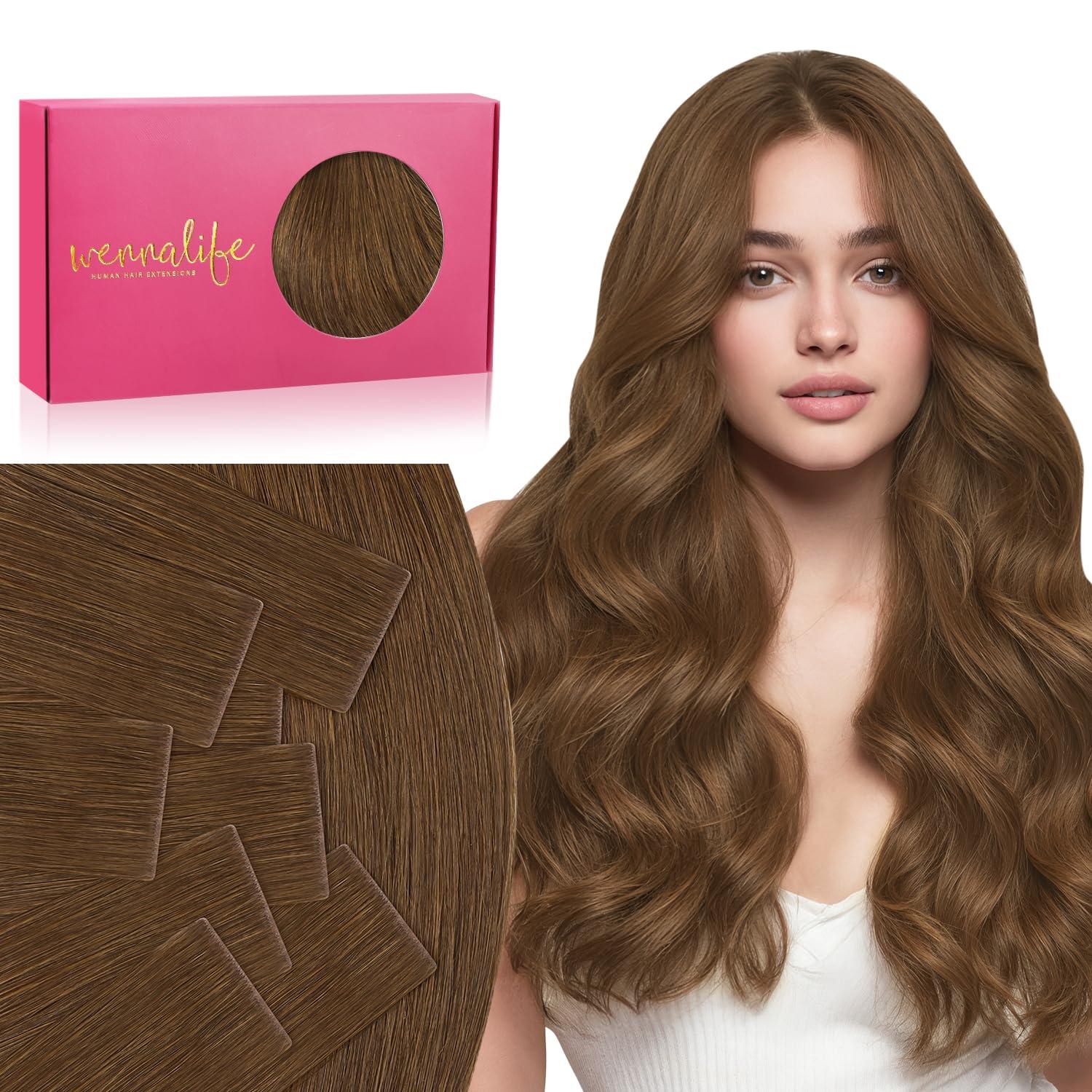 imageWENNALIFE Invisi Edge Tape in Hair Extensions Human Hair 16 Inch 50g 20pcs Muted Light Brown Brunette Invisible Luxury Remy Hair Extensions Natural Seamless Injected Tape Ins Extensiones De CabelloIN5R Light Auburn Brown
