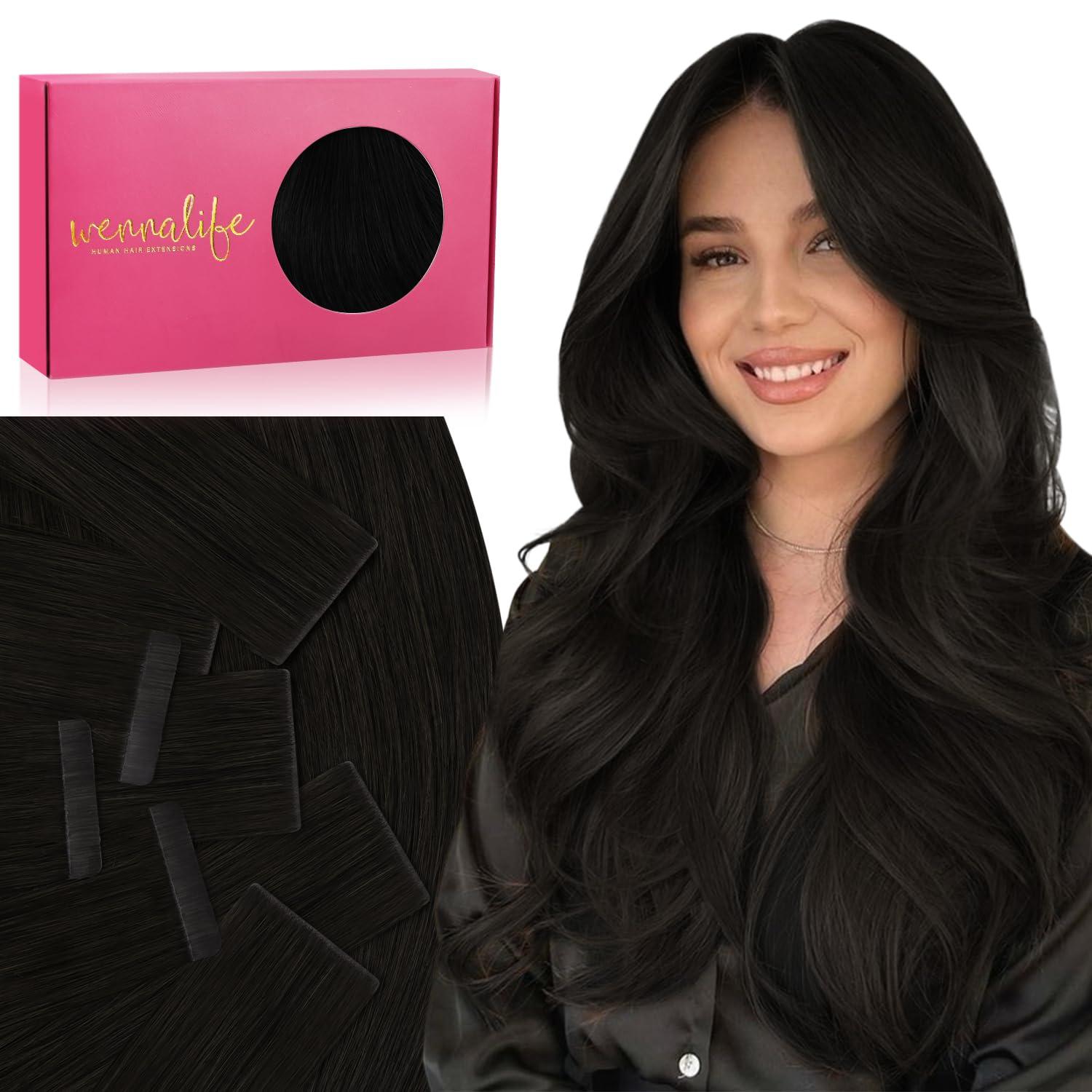 imageWENNALIFE Invisi Edge Tape in Hair Extensions Human Hair 16 Inch 50g 20pcs Muted Light Brown Brunette Invisible Luxury Remy Hair Extensions Natural Seamless Injected Tape Ins Extensiones De CabelloIN1B Natural Black