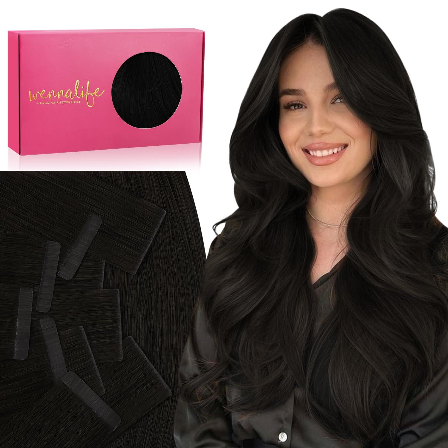 imageWENNALIFE Invisi Edge Tape in Hair Extensions Human Hair 16 Inch 50g 20pcs Muted Light Brown Brunette Invisible Luxury Remy Hair Extensions Natural Seamless Injected Tape Ins Extensiones De CabelloIN1B Natural Black
