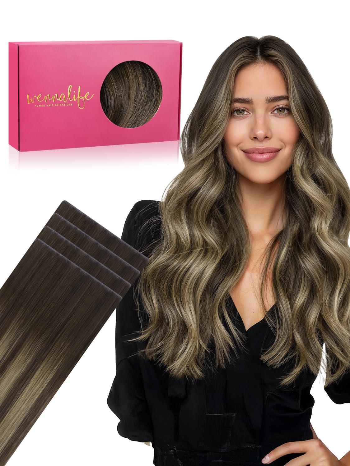 imageWENNALIFE Invisi Edge Tape in Hair Extensions Human Hair 16 Inch 50g 20pcs Muted Light Brown Brunette Invisible Luxury Remy Hair Extensions Natural Seamless Injected Tape Ins Extensiones De CabelloIN4274 Balayage Chocolate Brown to Caramel Blonde