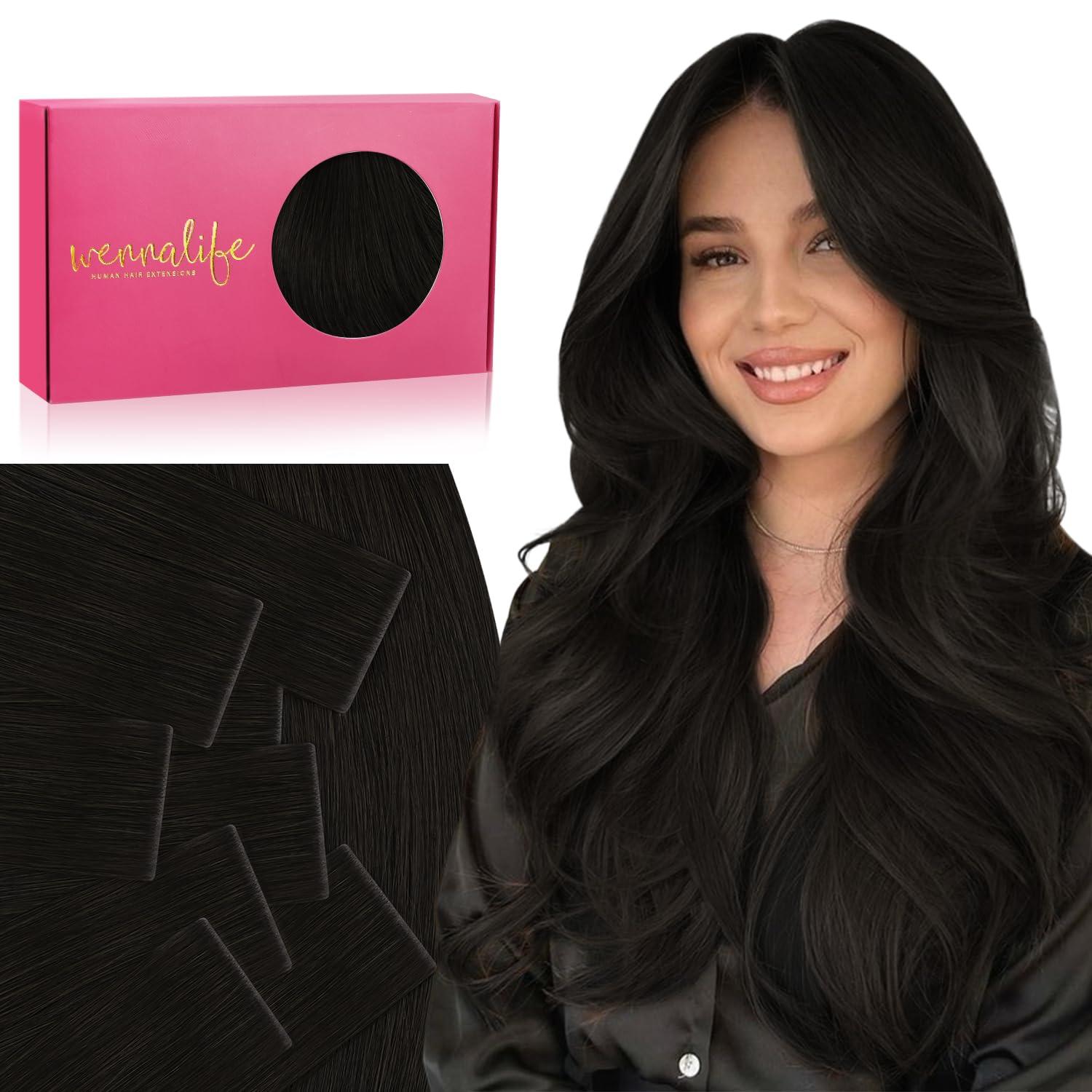 imageWENNALIFE Invisi Edge Tape in Hair Extensions Human Hair 16 Inch 50g 20pcs Muted Light Brown Brunette Invisible Luxury Remy Hair Extensions Natural Seamless Injected Tape Ins Extensiones De CabelloIN1B Natural Black