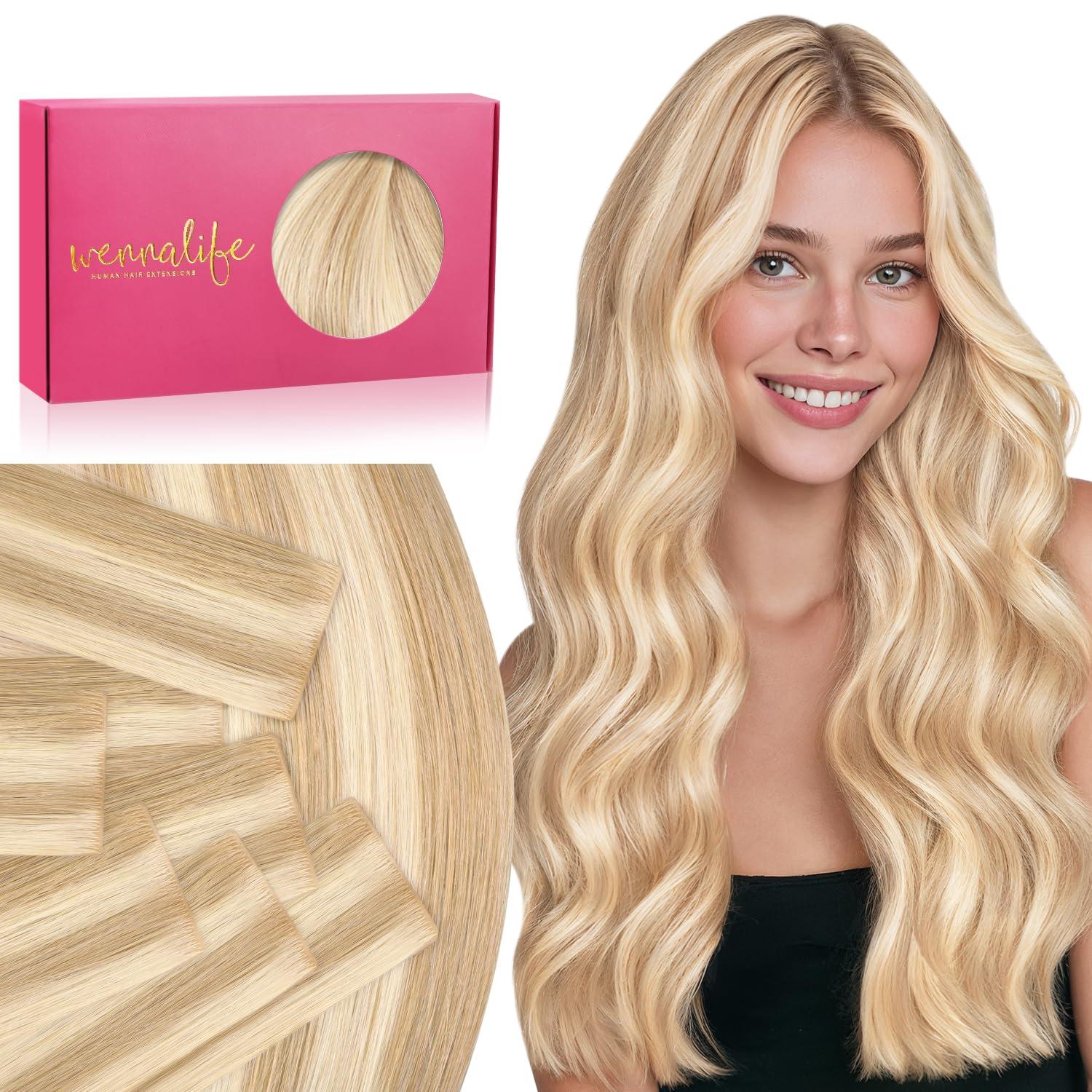 imageWENNALIFE Invisi Edge Tape in Hair Extensions Human Hair 16 Inch 50g 20pcs Muted Light Brown Brunette Invisible Luxury Remy Hair Extensions Natural Seamless Injected Tape Ins Extensiones De CabelloIN18A613A Dirty Blonde Highlighted Bleach Blonde