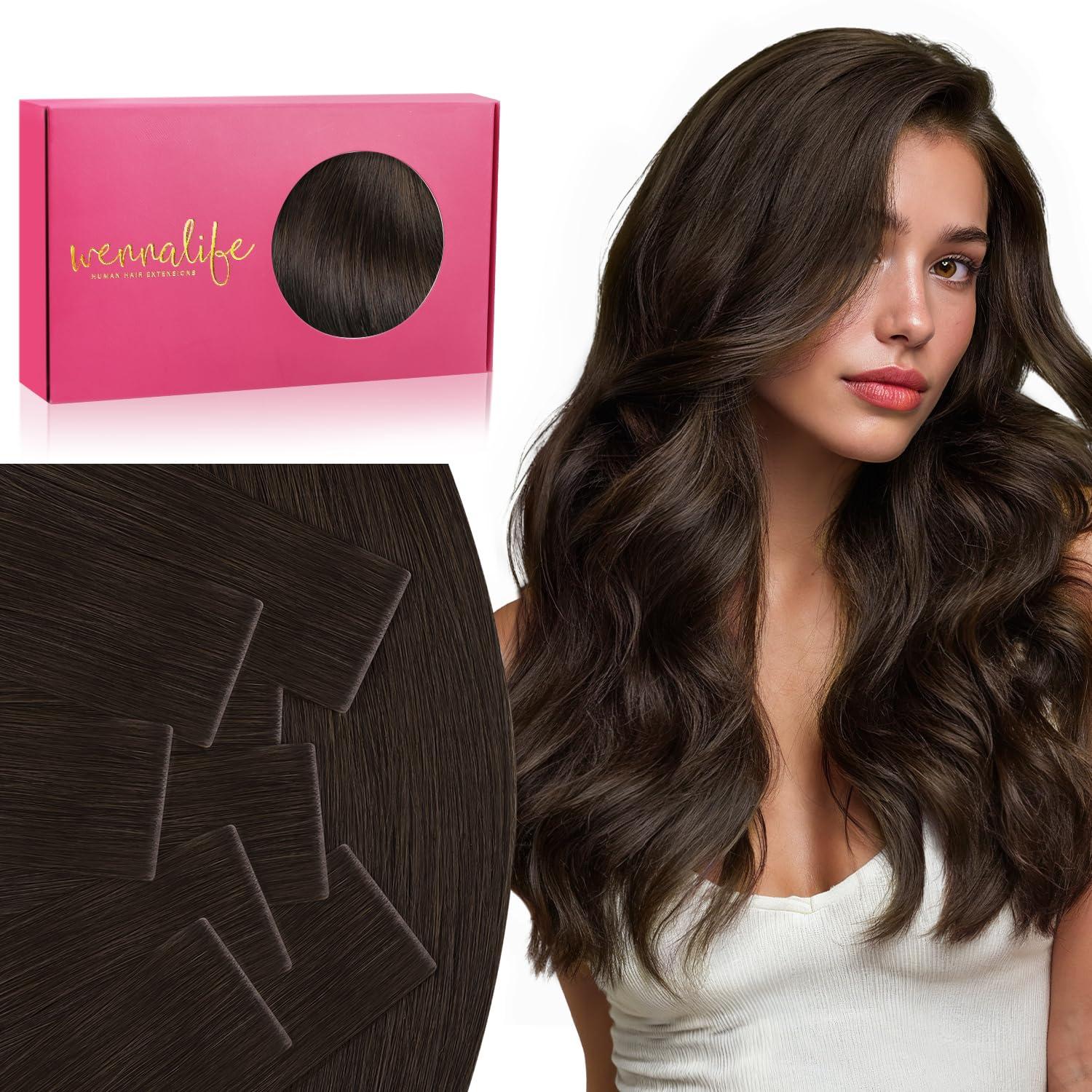 imageWENNALIFE Invisi Edge Tape in Hair Extensions Human Hair 16 Inch 50g 20pcs Muted Light Brown Brunette Invisible Luxury Remy Hair Extensions Natural Seamless Injected Tape Ins Extensiones De CabelloIN2A Light Dark Brown