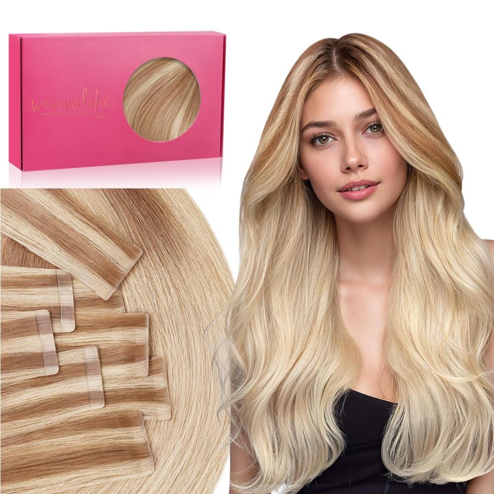 imageWENNALIFE Invisi Edge Tape in Hair Extensions Human Hair 16 Inch 50g 20pcs Muted Light Brown Brunette Invisible Luxury Remy Hair Extensions Natural Seamless Injected Tape Ins Extensiones De CabelloIN12A18H Ash Beige Blonde Blend